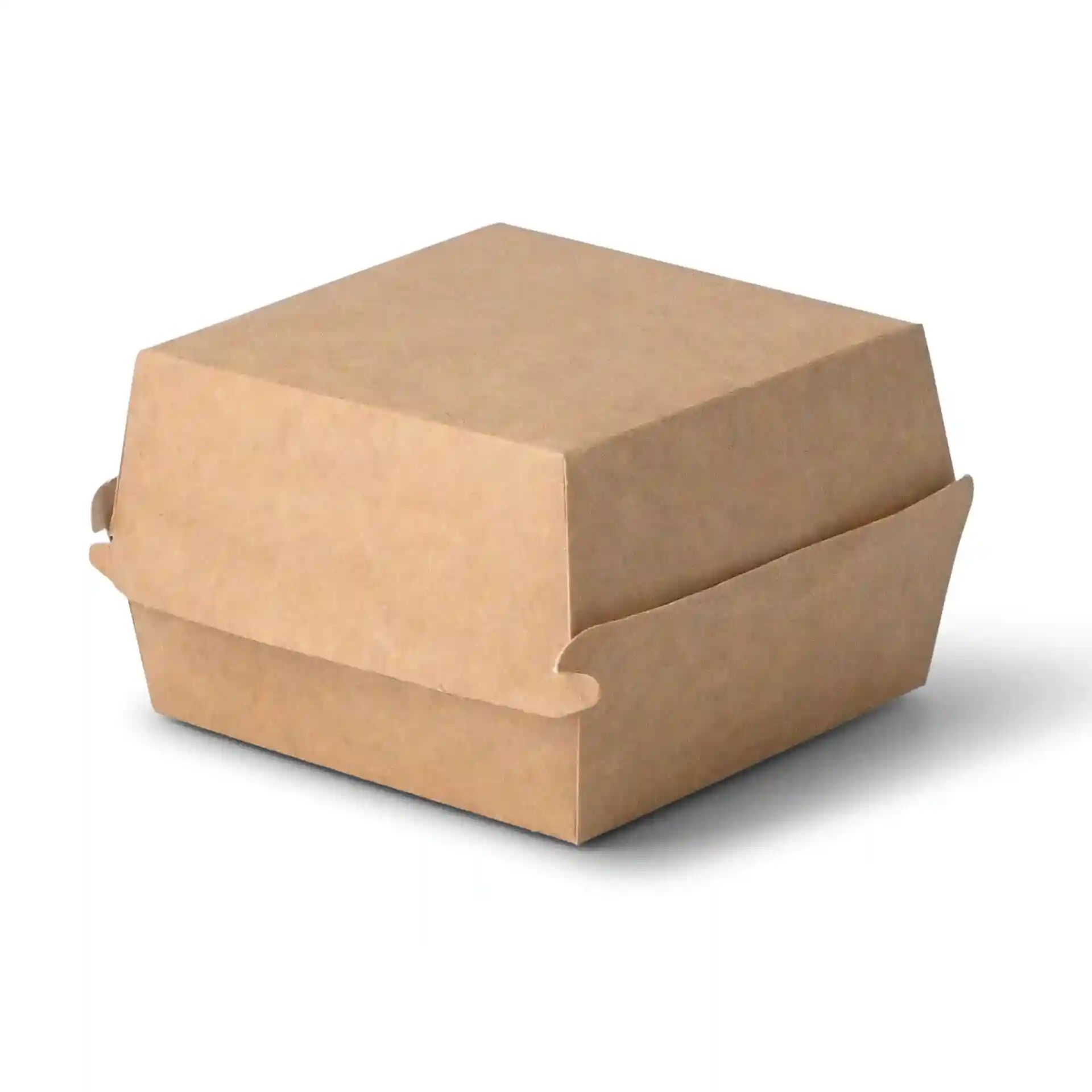 Boîte à burger à emporter rectangulaire brune en carton, mesurant 11 x 11 x 8 cm.