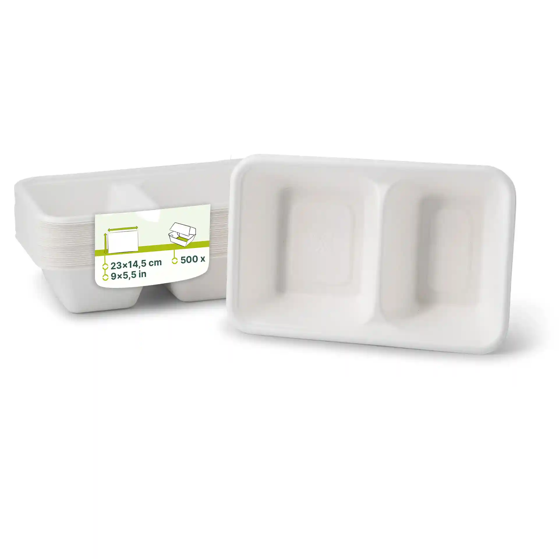 Plateau rectangulaire blanc avec deux compartiments, mesurant 23 x 14,5 cm, en matériau de canne à sucre.