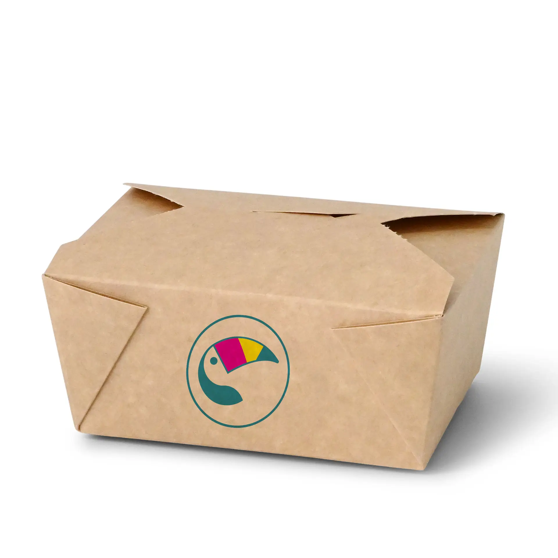 Boîte à emporter en carton brun imprimée sur mesure ; présente un graphique circulaire avec un logo de toucan. Idéale pour le service alimentaire.