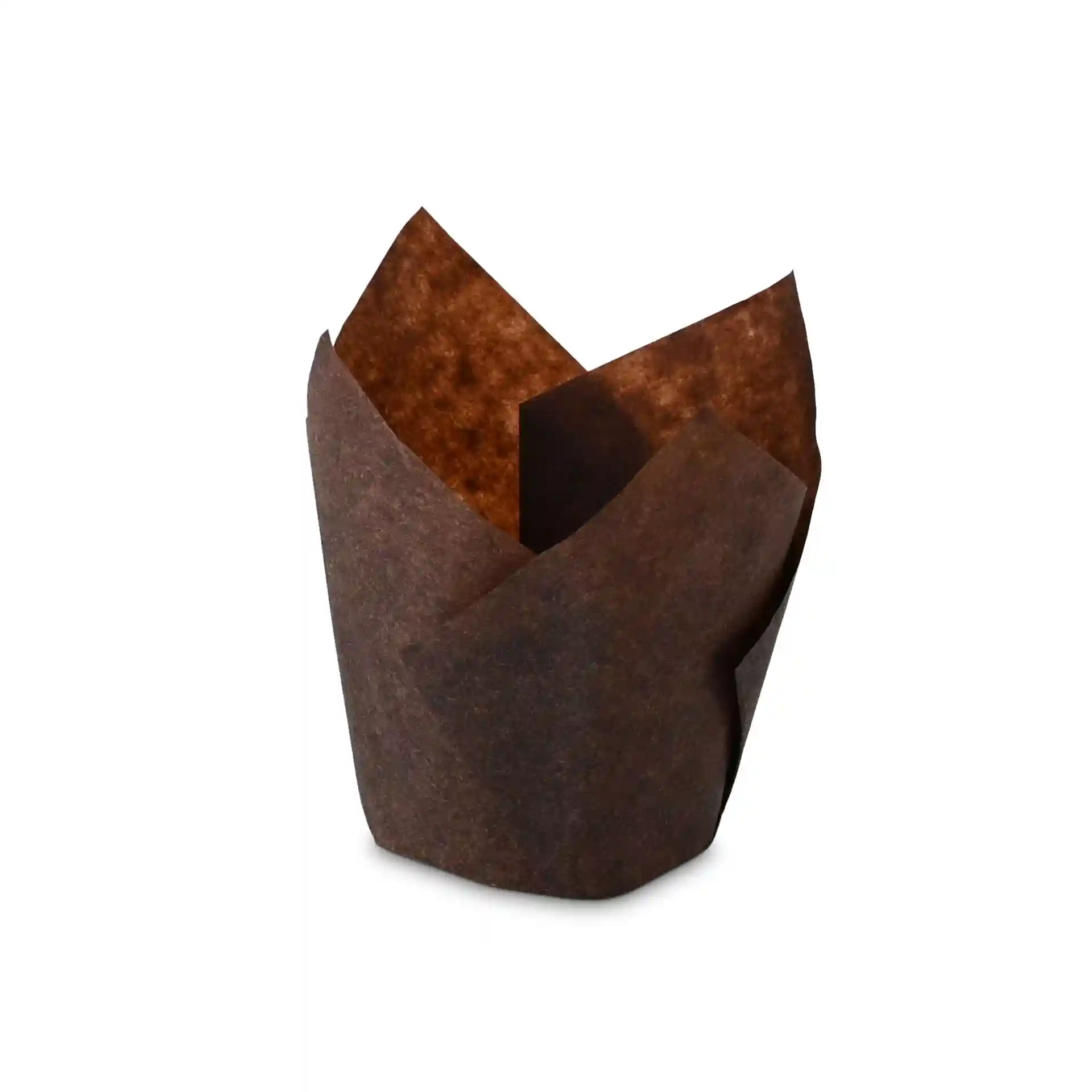 Gobelet à muffin en papier brun, d'une hauteur de 80 mm et d'un diamètre de 50 mm au fond.