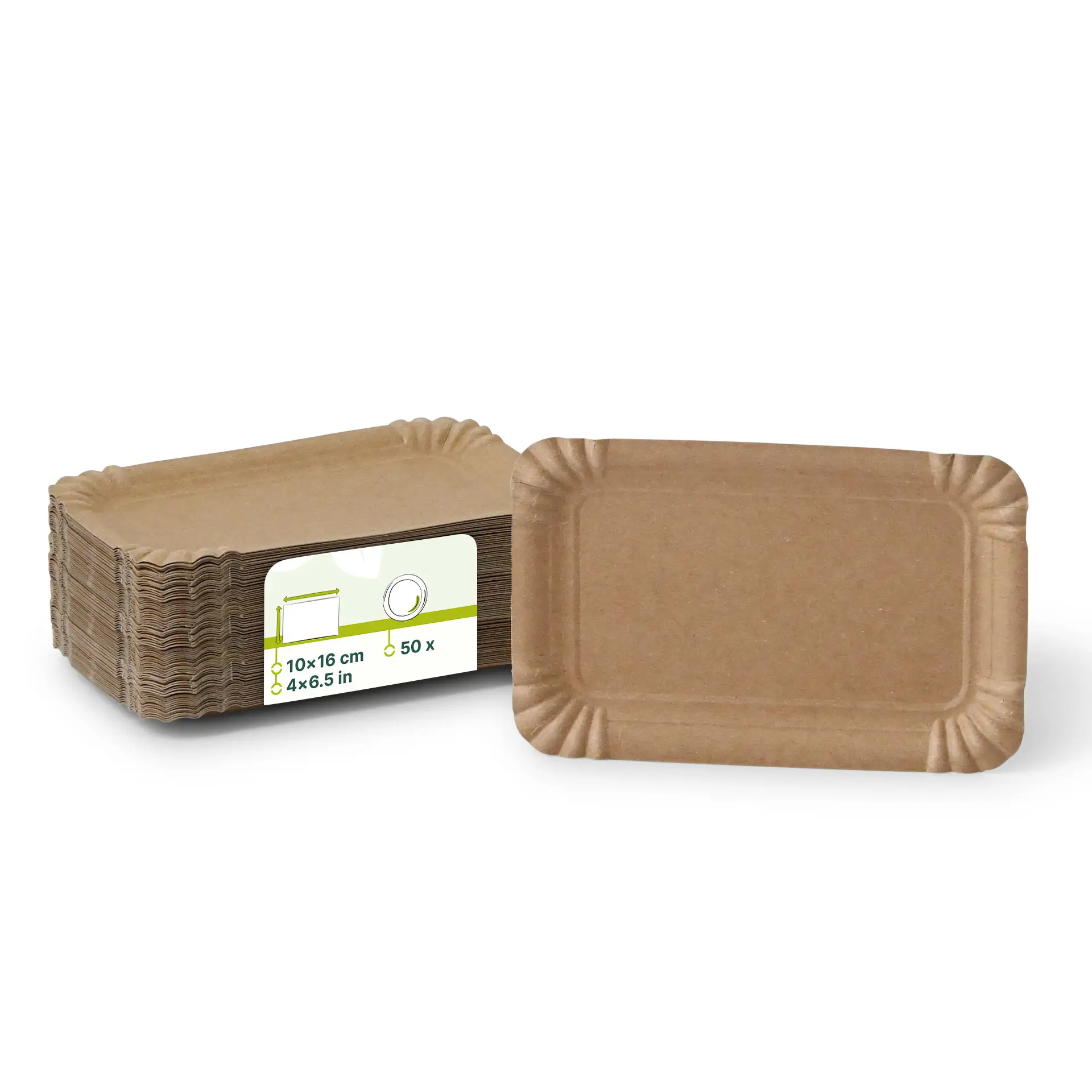 Empilement d'assiettes en carton rectangulaires brunes, mesurant 10 x 16 cm, avec une assiette devant.