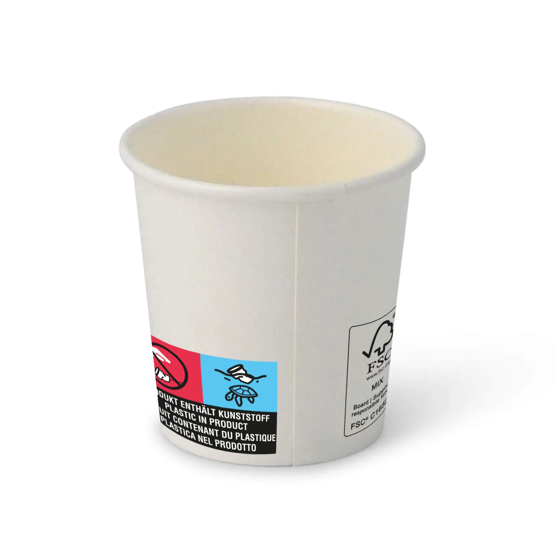 Un gobelet en papier blanc, 4 oz, avec un revêtement PE ; présente des étiquettes mixtes, y compris des symboles de recyclage et des informations sur les matériaux.