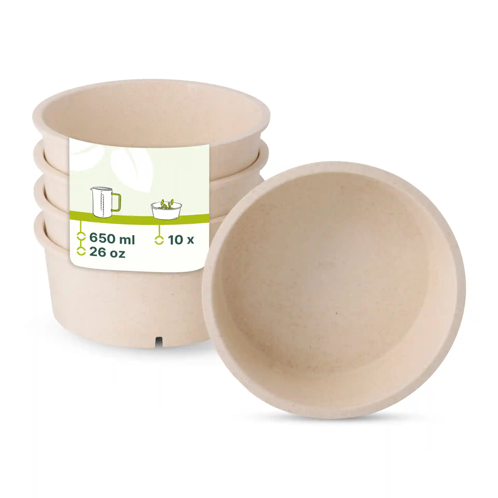 Ensemble de quatre bols réutilisables crème blanc, chacun d'un diamètre de 150 mm et d'un volume de 650 ml.