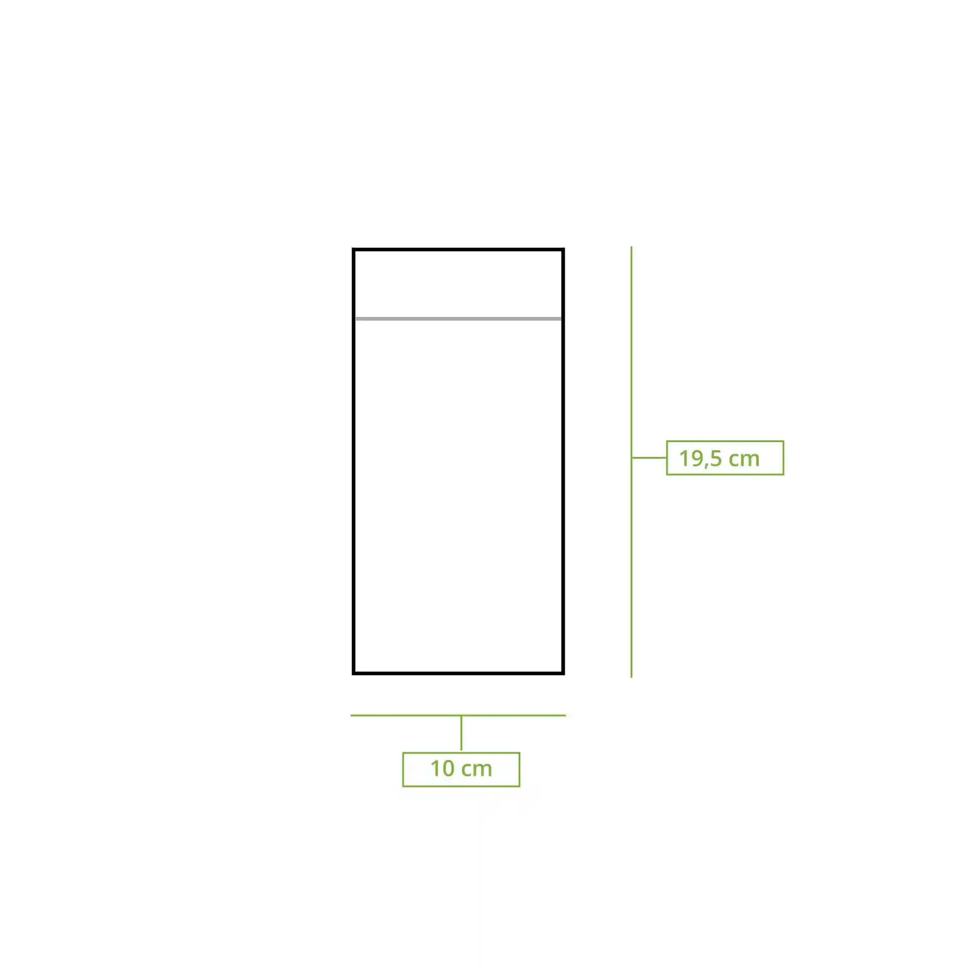 Dessin schématique d'une pochette à couverts rectangulaire de dimensions 10 cm par 19,5 cm, montrant des lignes de mesure.