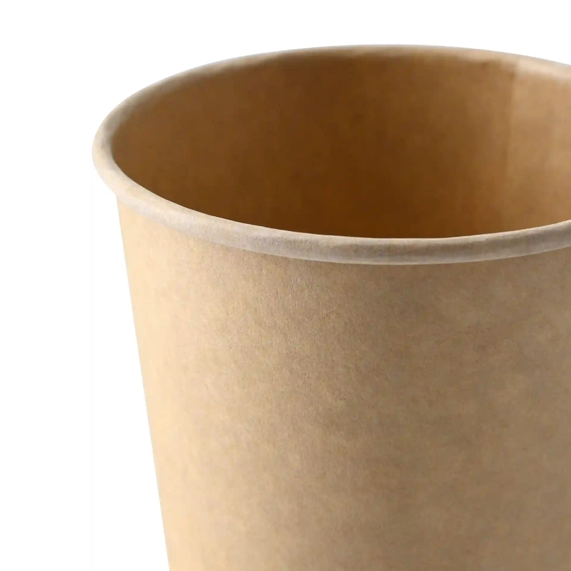 Gobelet en carton brun pour soupe de forme ronde, montrant l'intérieur et le bord supérieur.