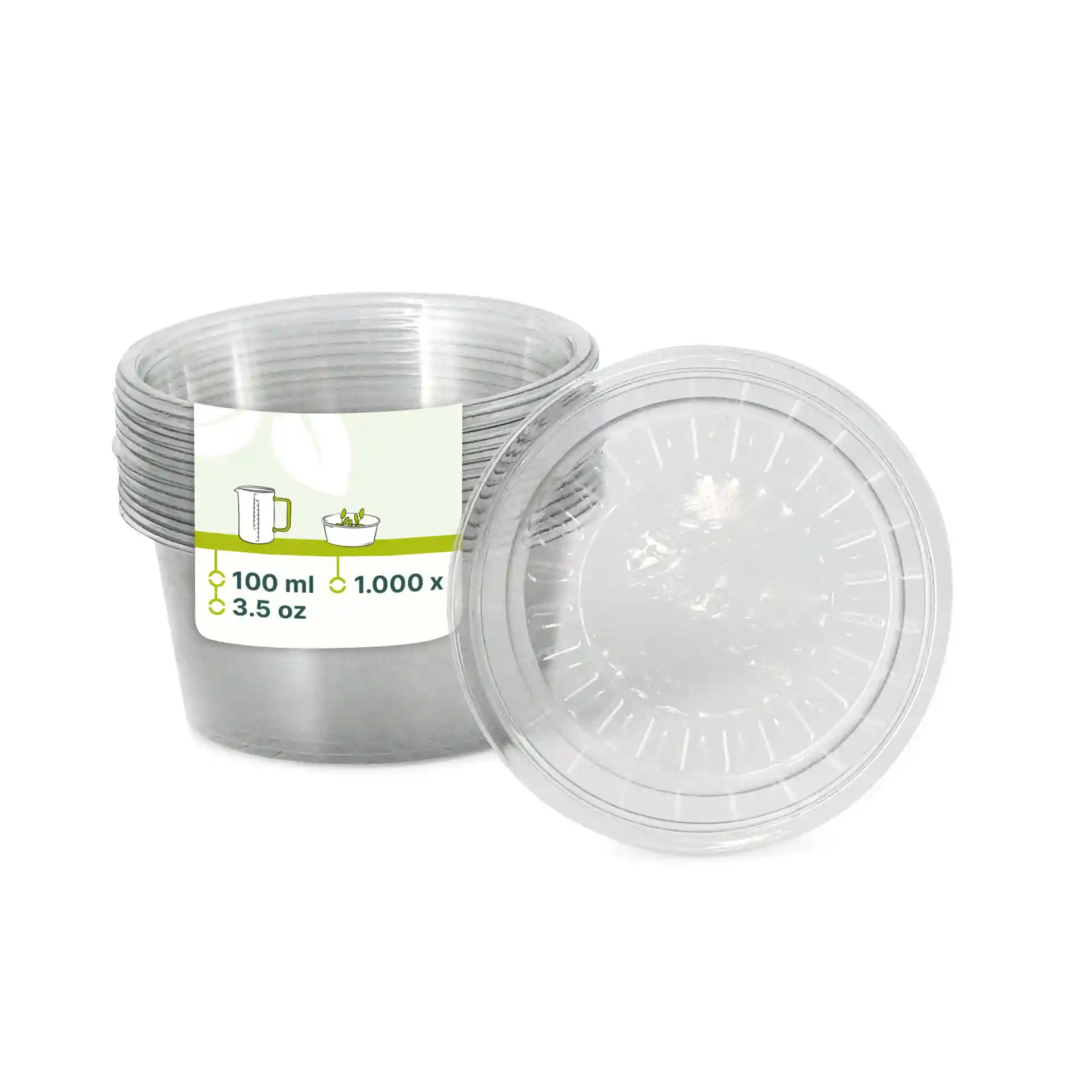 Pots à sauce rPET transparents, capacité de 100 ml, avec une étiquette indiquant les dimensions et les instructions d'utilisation.