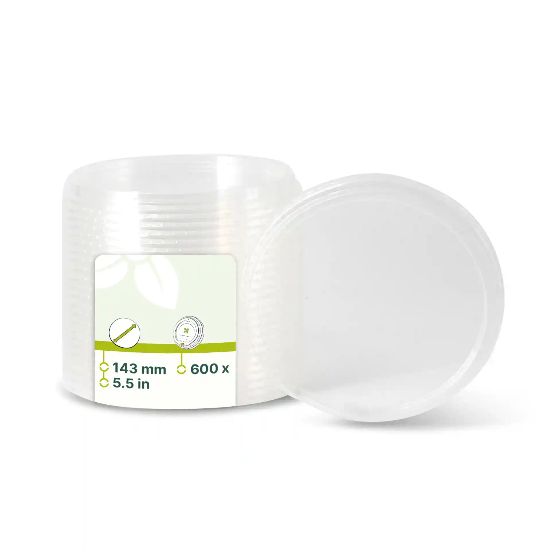 Couvercles ronds transparents en PLA pour gobelets, diamètre 143 mm, avec un couvercle partiellement ouvert.