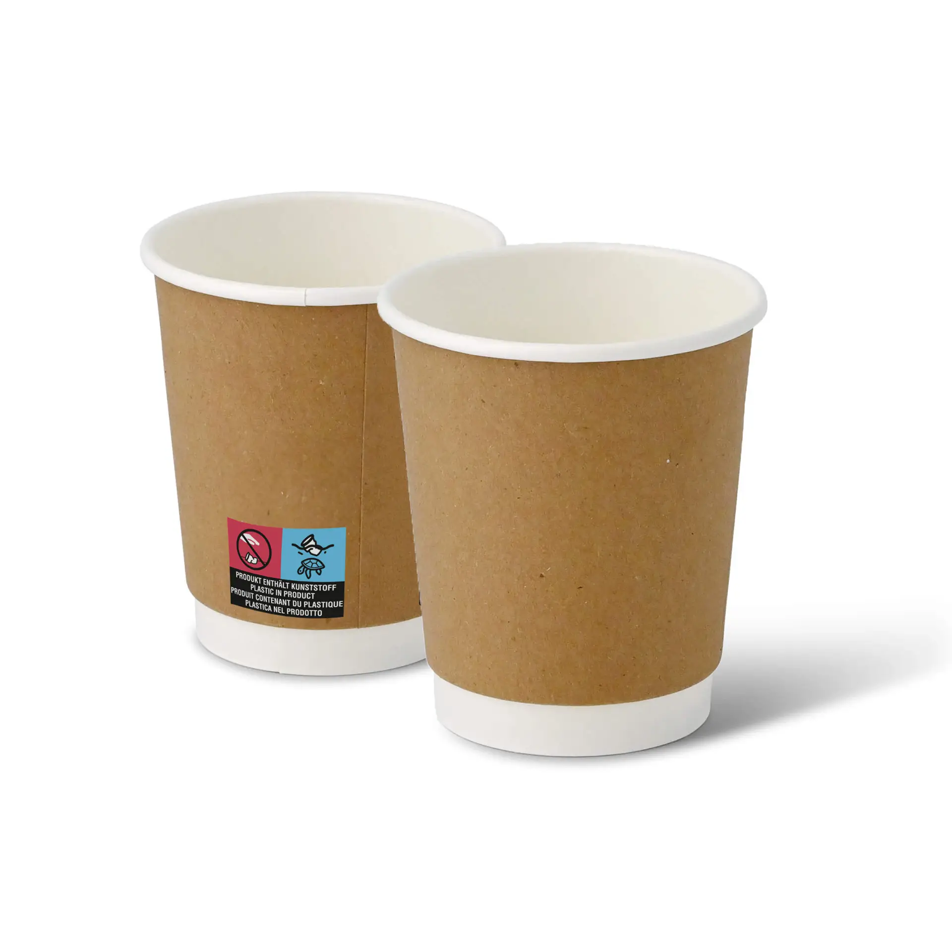Deux gobelets à emporter de 8 oz à double paroi avec un extérieur brun et un intérieur blanc, adaptés aux boissons chaudes et froides.