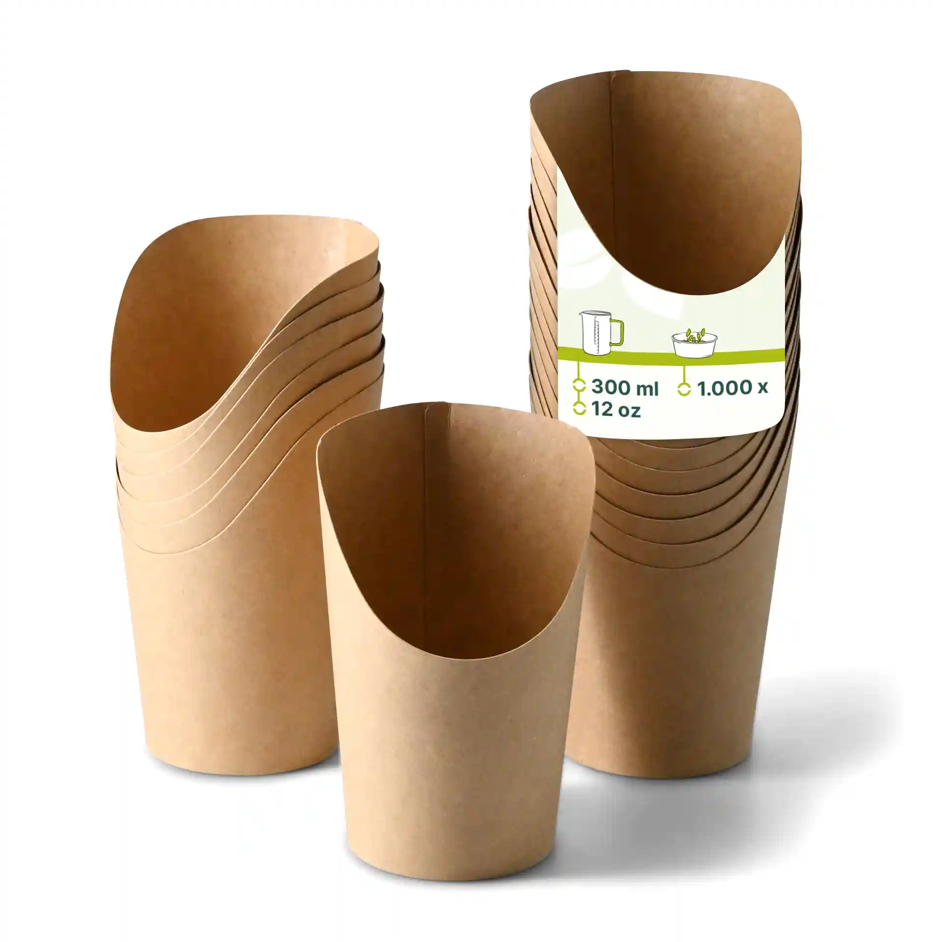 Gobelets en carton brun avec un design profond, montrant plusieurs gobelets empilés et un devant.