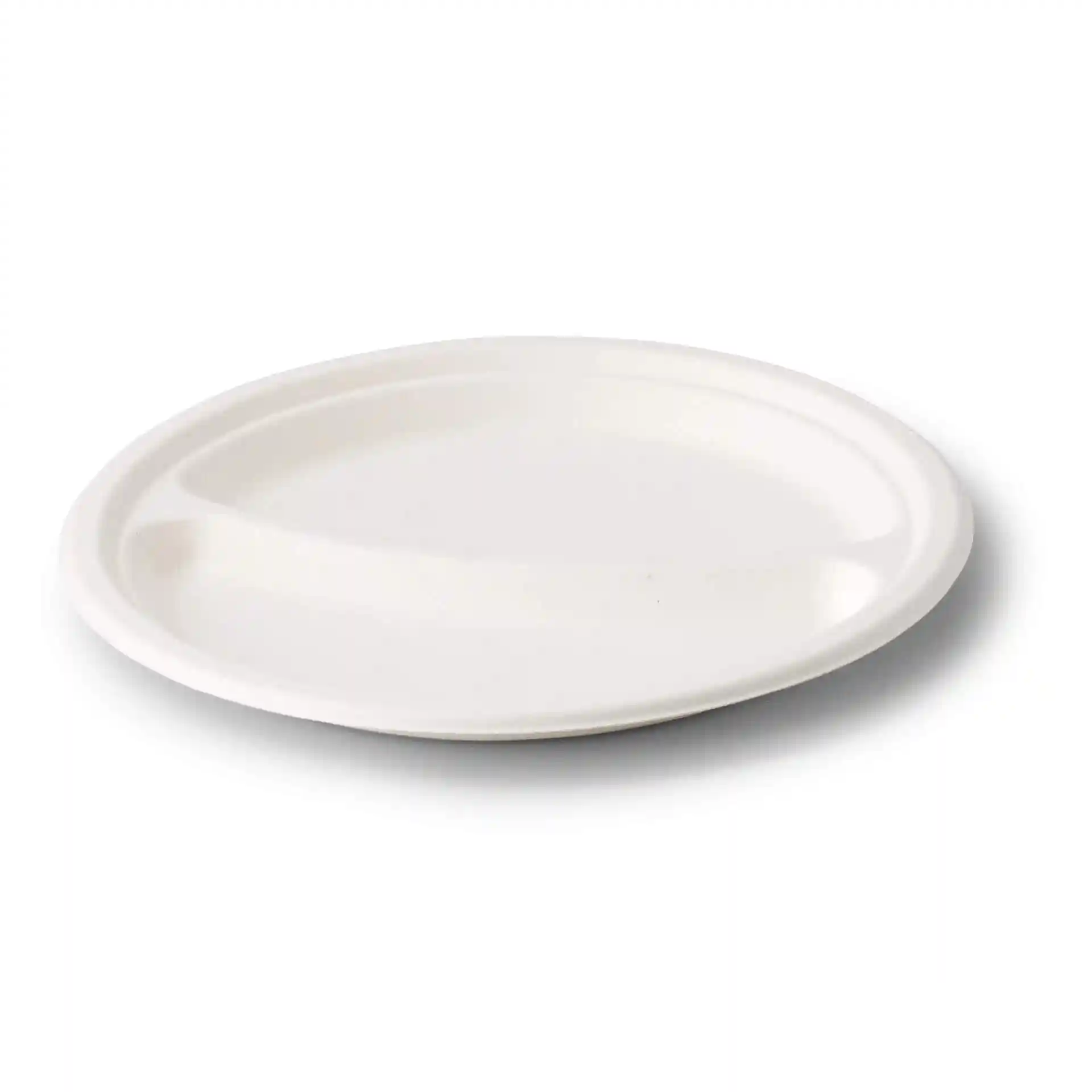 Assiette de menu ronde en canne à sucre blanche avec deux compartiments, diamètre 22 cm et hauteur 2,4 cm.