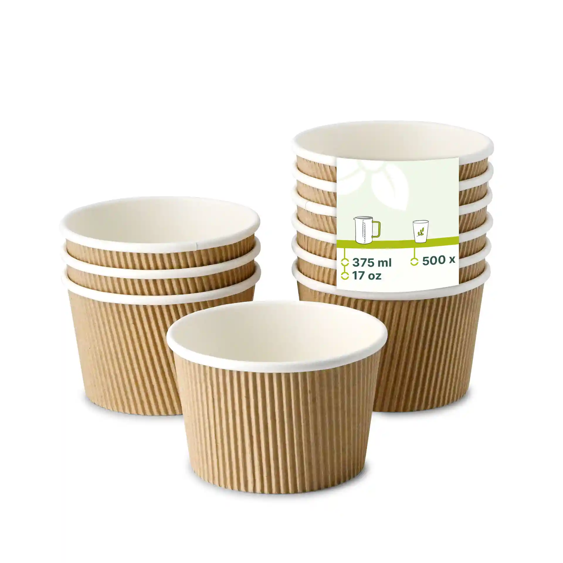 Empilement de gobelets en carton ondulé marron avec une étiquette, plusieurs gobelets et un gobelet au premier plan.