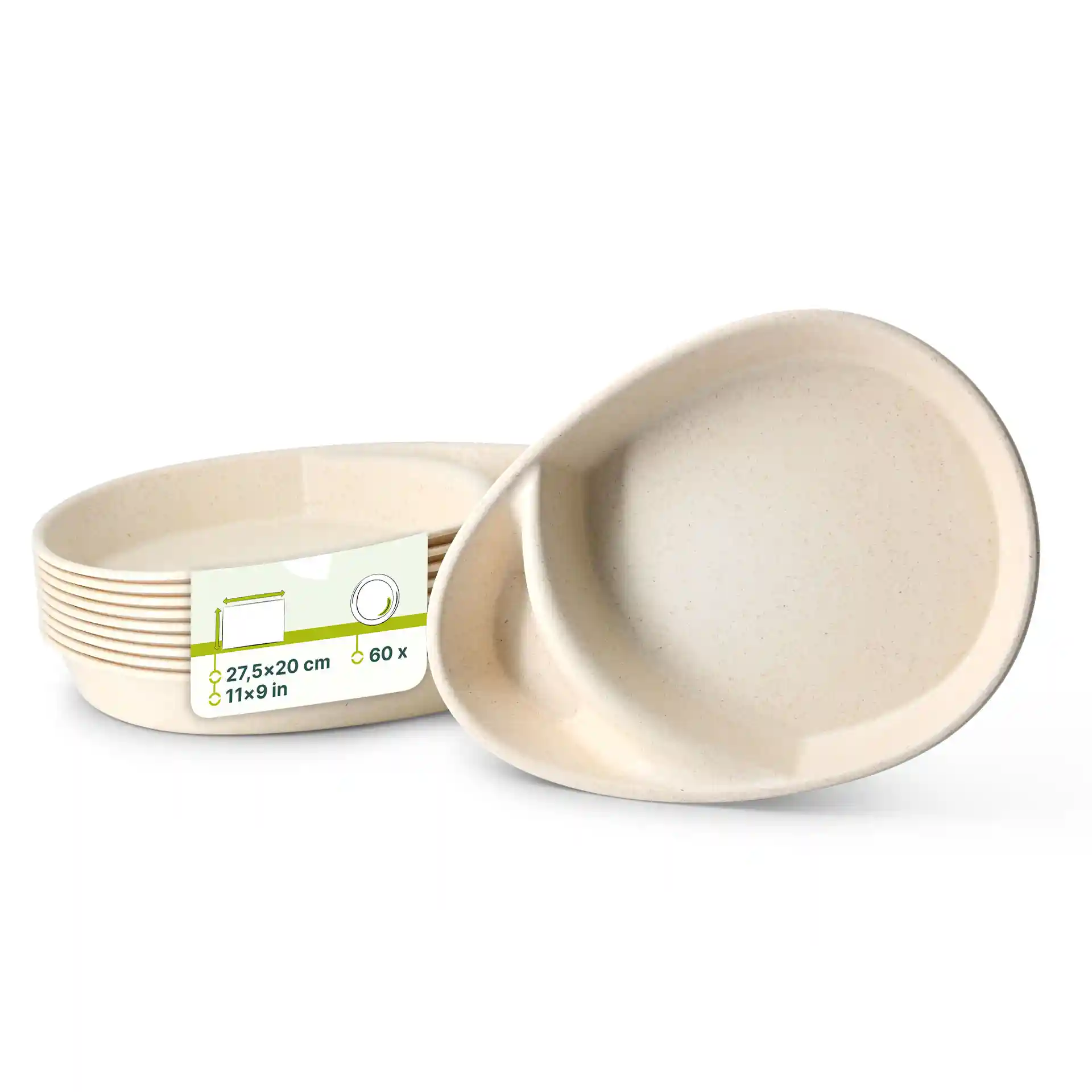 Assiettes divisées réutilisables en blanc crémeux avec deux compartiments, mesurant 27,5 × 20 cm, empilées avec une étiquette.