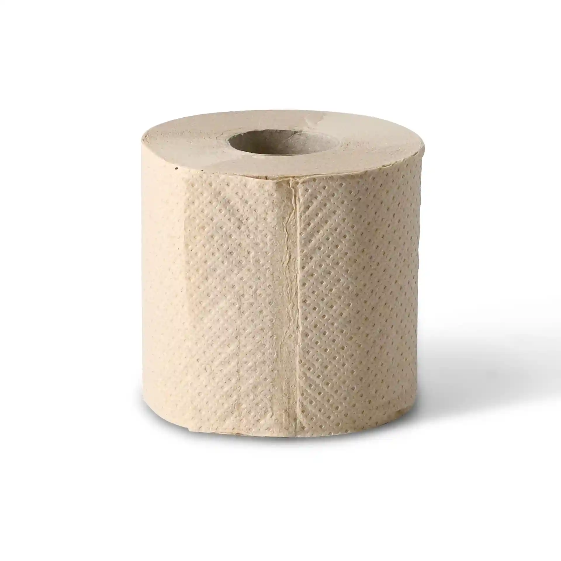 Rouleau de papier toilette brun en 2 plis fabriqué à partir de papier recyclé, avec un noyau en carton central et une surface texturée.
