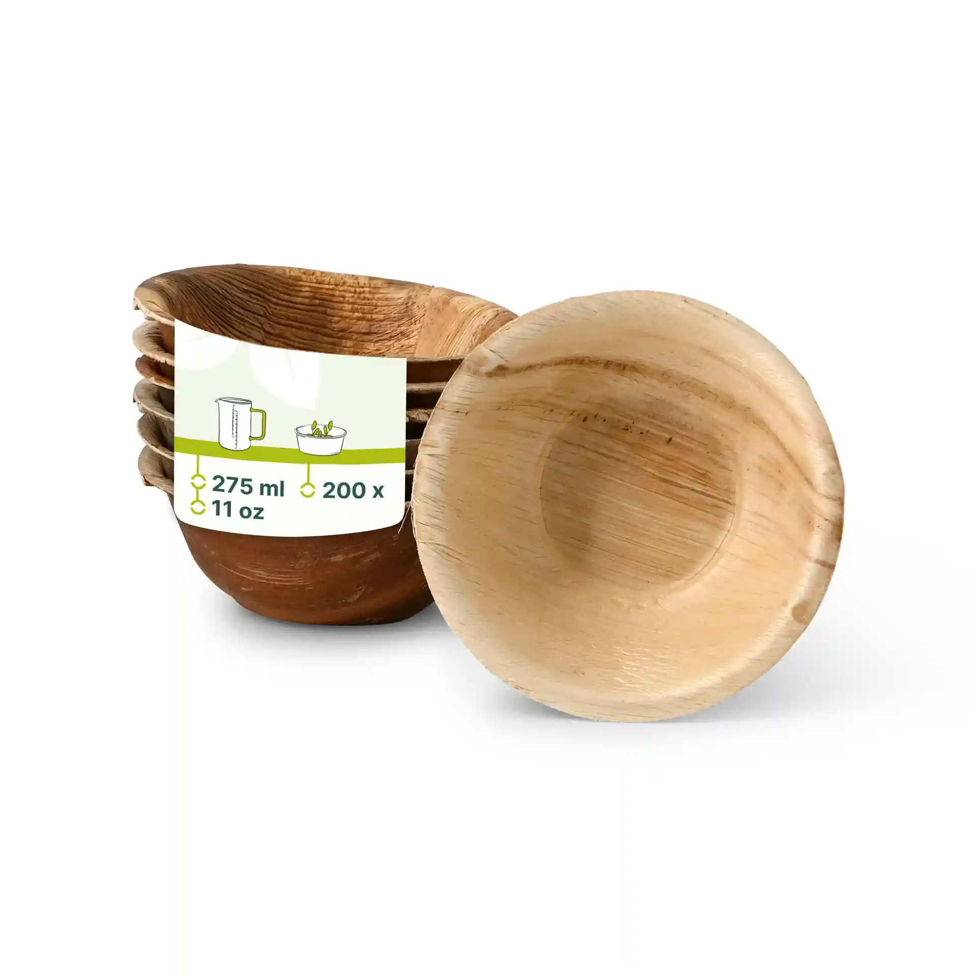 Bols ronds en feuille de palmier avec une finition grainée, montrant un bol devant et plusieurs empilés derrière.