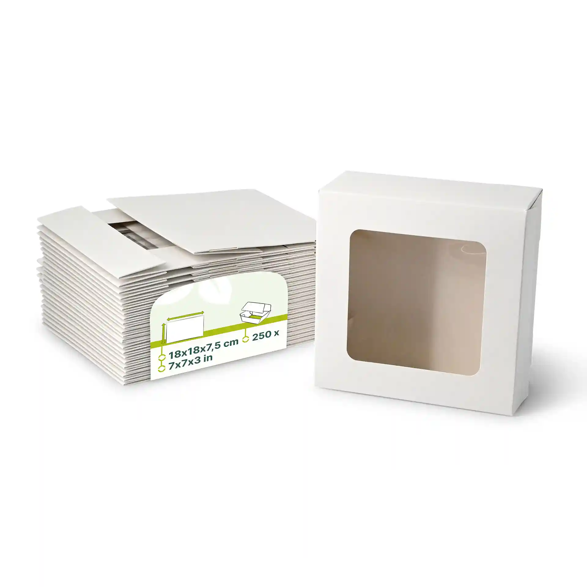 Empilement de boîtes à pâtisserie en carton blanc de forme carrée avec une fenêtre en cellulose, à côté d'une boîte unique.