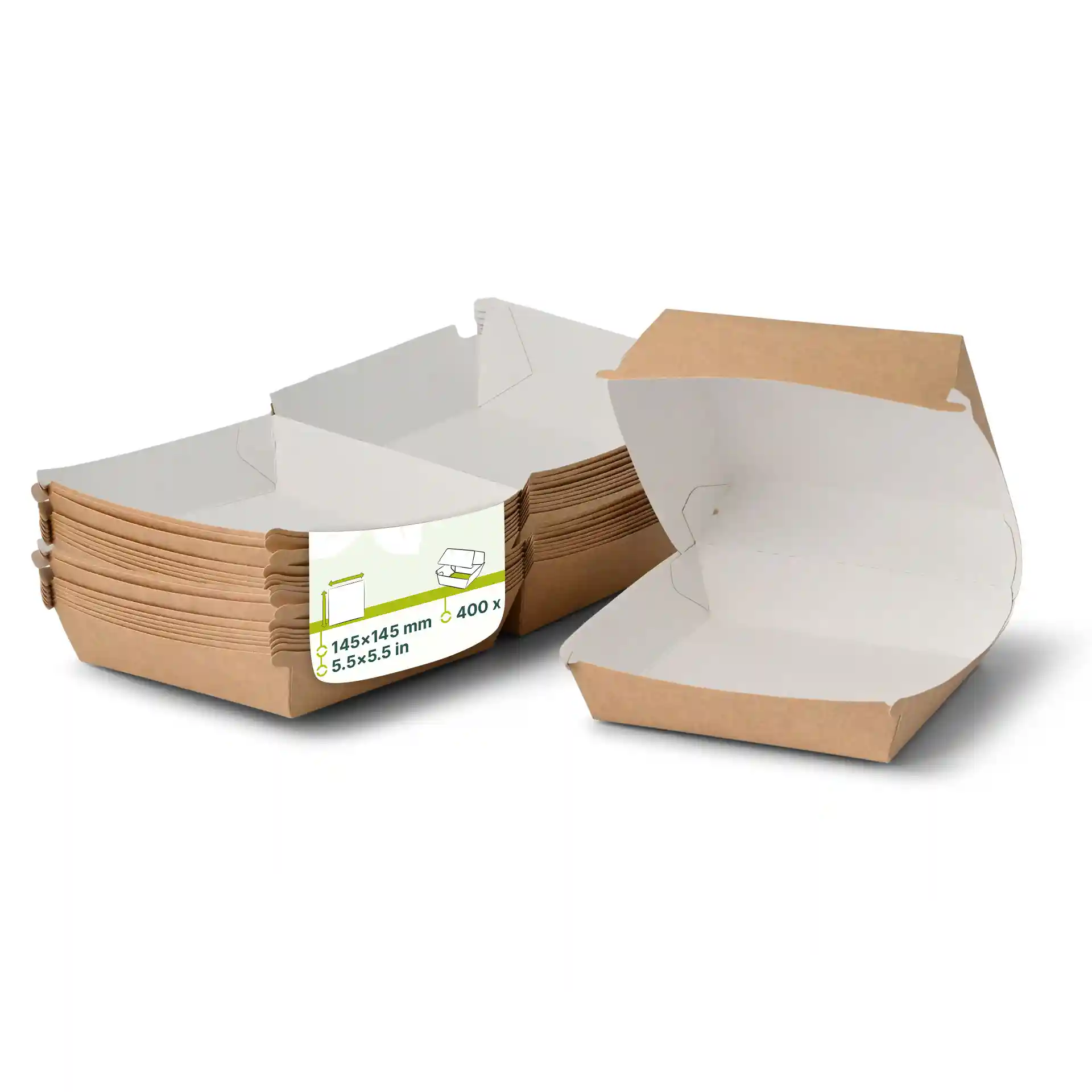 Empilement de boîtes à emporter pour hamburgers en carton brun avec intérieur blanc, deux boîtes ouvertes pour montrer l'intérieur.