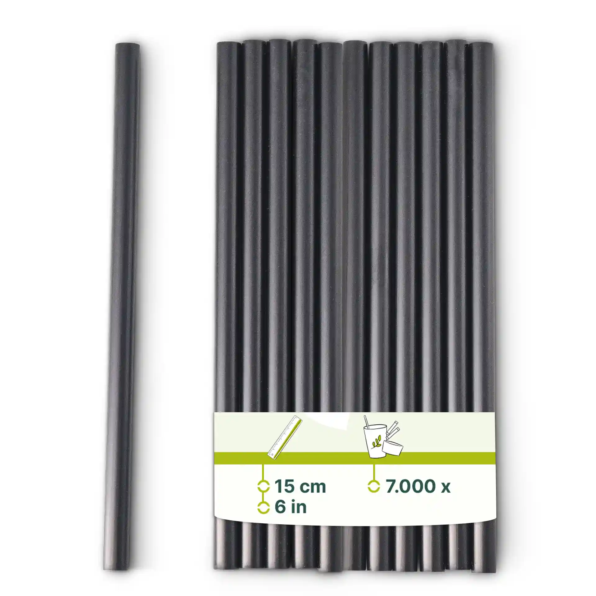 Pailles à cocktail réutilisables noires, longues de 15 cm et de 0,7 cm de diamètre, disposées avec une étiquette indiquant les dimensions.