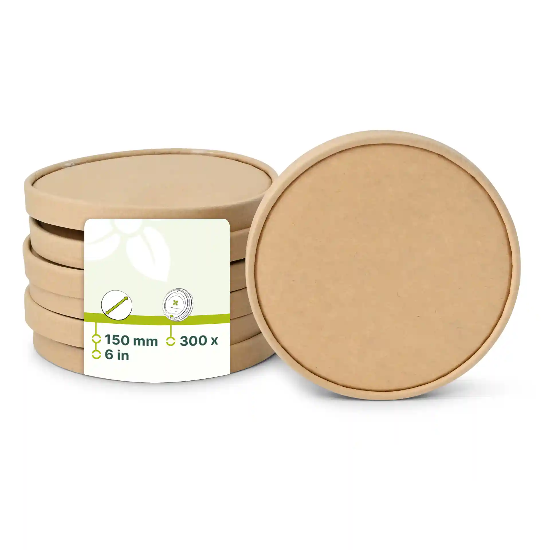 Couvercles en carton ronds marron, mesurant 150 mm de diamètre, empilés avec une étiquette indiquant les dimensions.