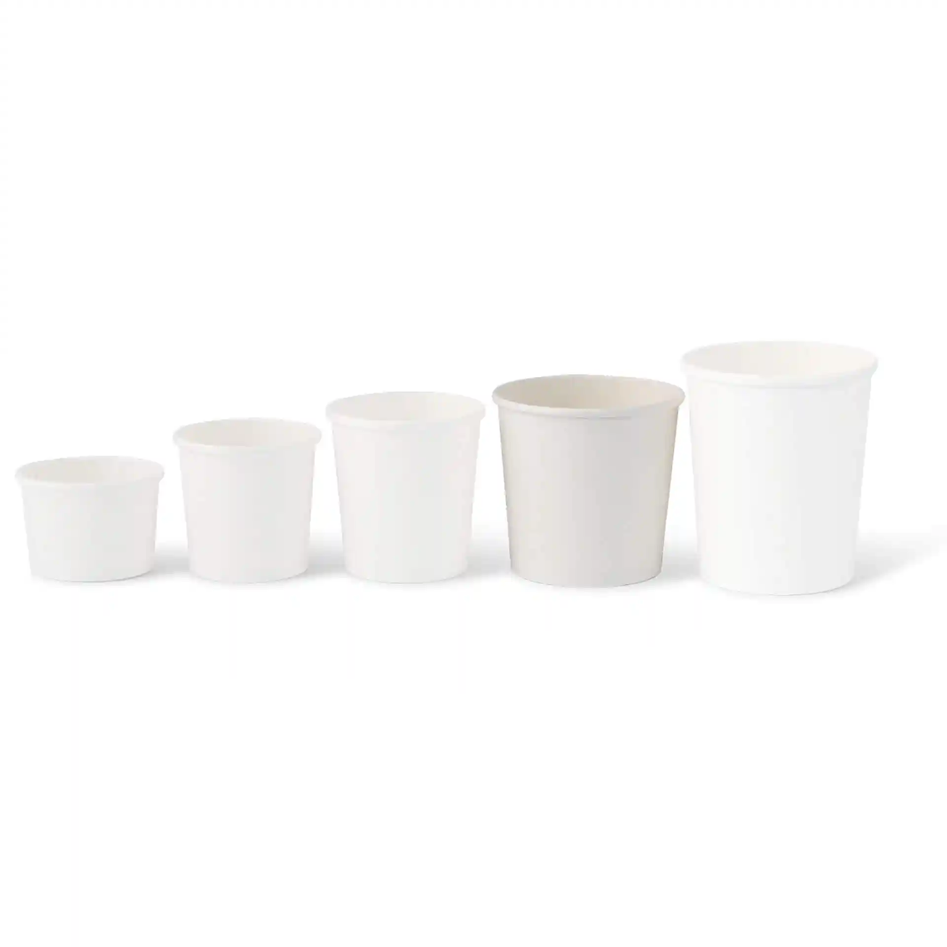 Cinq contenants à soupe en carton rond blancs, de tailles variées allant de petit à grand.