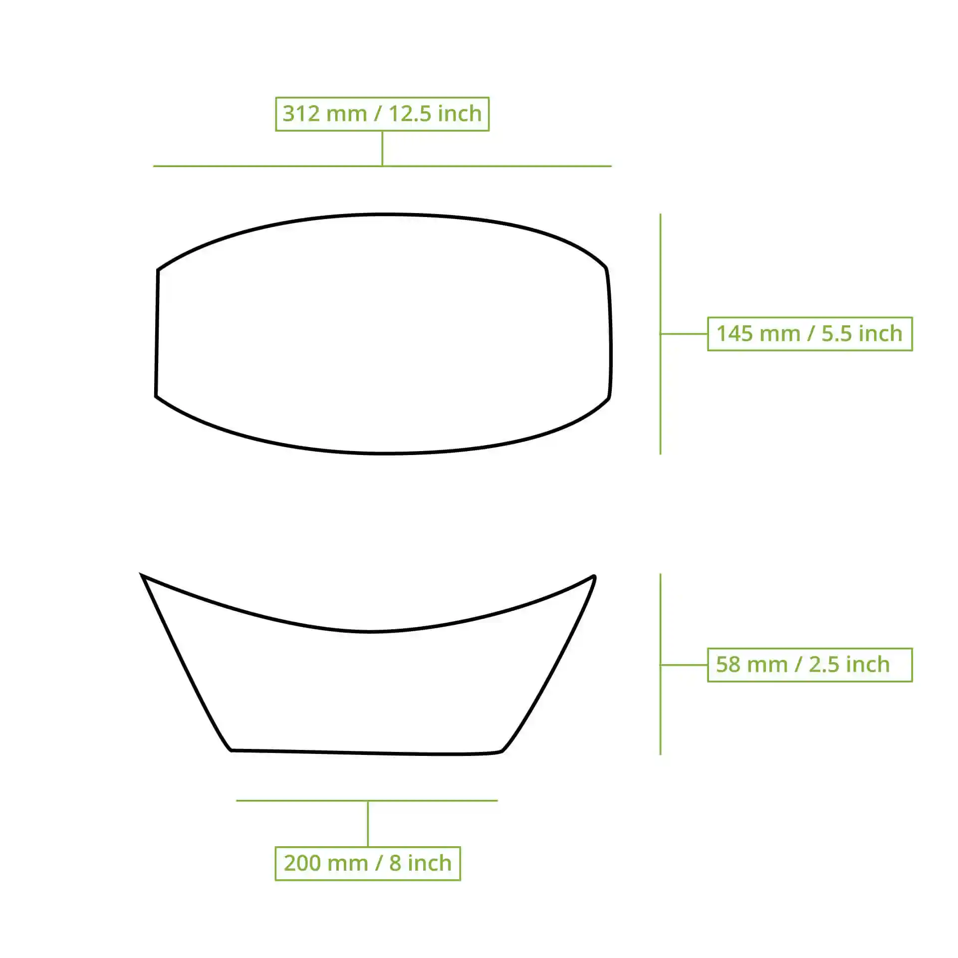 Dessin schématique d'un bateau en feuille de palmier avec dimensions étiquetées : 312 mm de long, 145 mm de large, 58 mm de haut et 200 mm de long au fond.