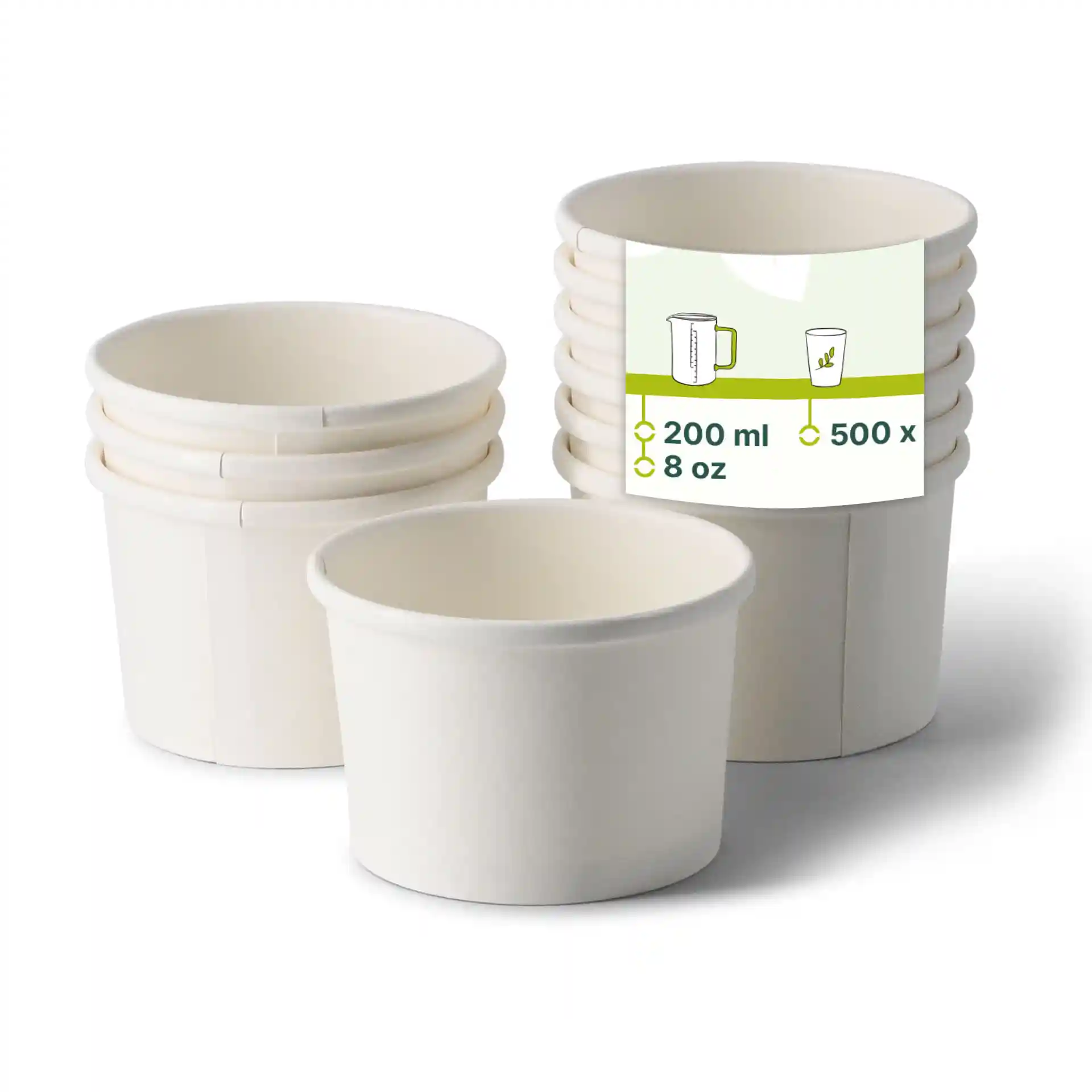 Empilement de contenants à soupe à emporter en carton blanc, forme ronde, avec un contenant devant et une étiquette indiquant les détails de volume.