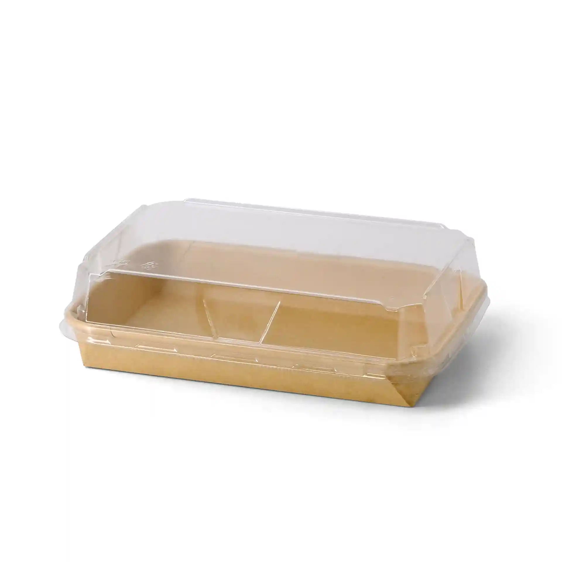 Boîte à sushi marron avec couvercle transparent, mesurant 18,5 x 13 x 2,5 cm, avec deux compartiments à l'intérieur.