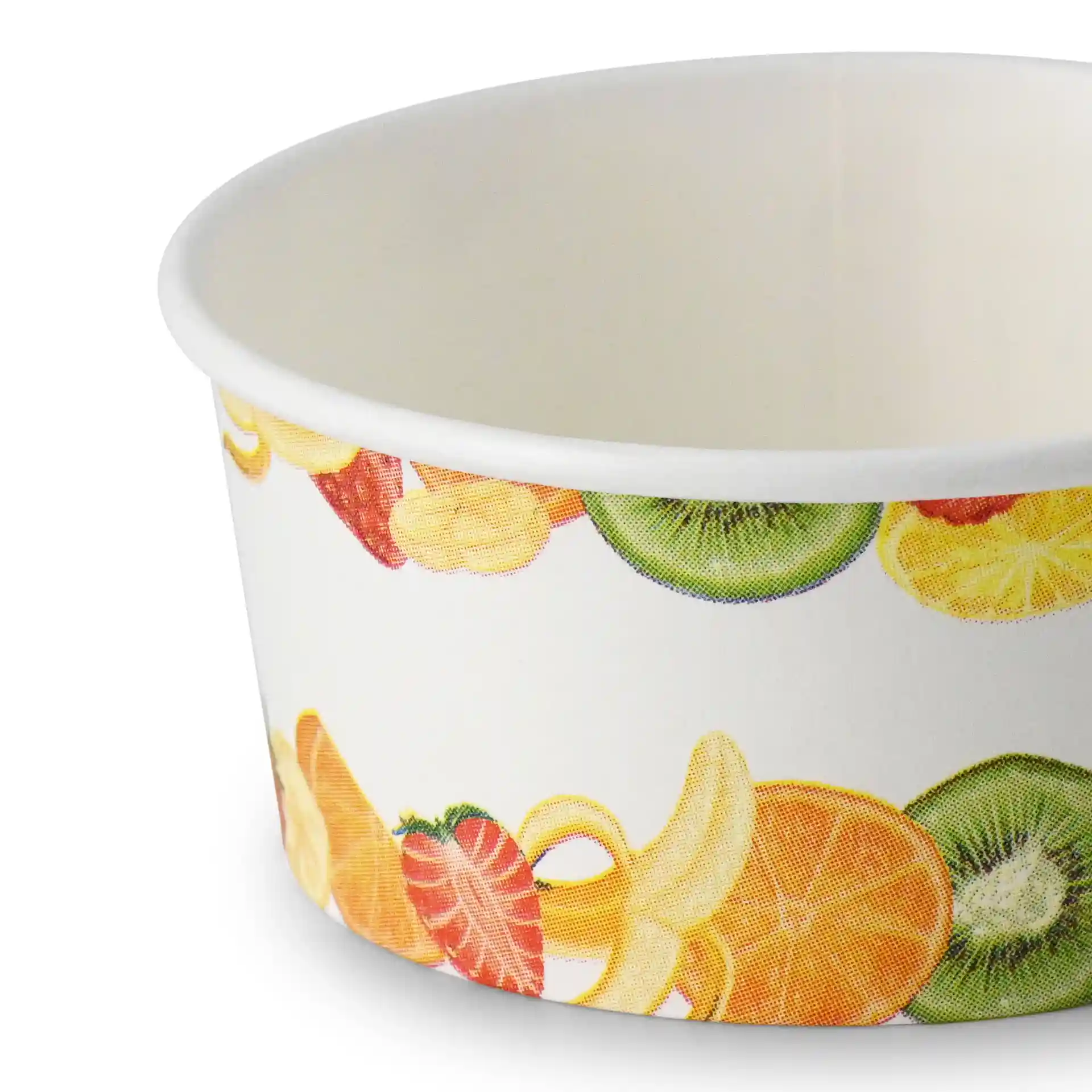 Gobelet en papier rond avec design de fruits imprimé, capacité de 4 oz, en carton, diamètre de 92 mm.