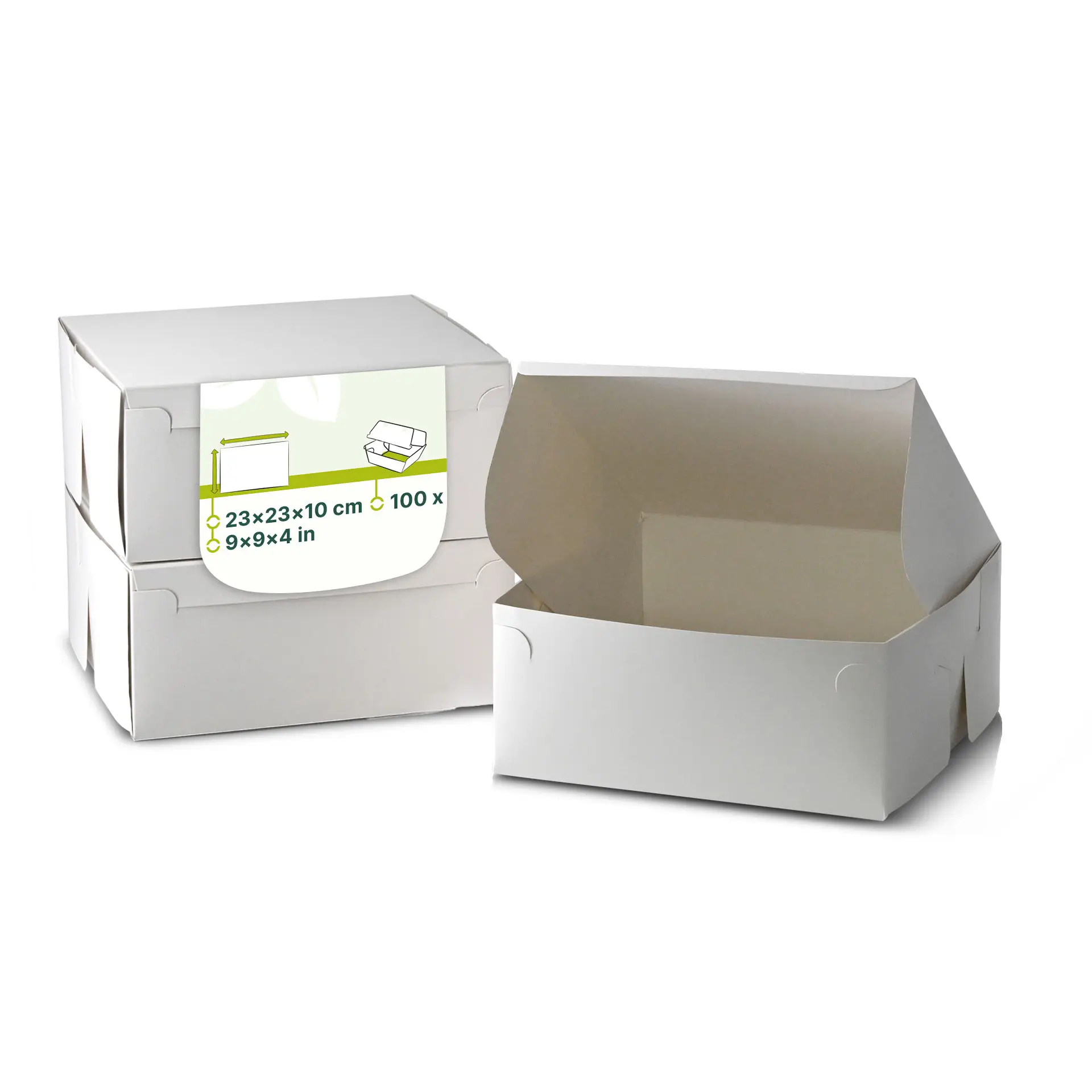 Boîte à gâteau en carton blanc avec couvercle pliant, dimensions 23 x 23 x 10 cm, partiellement ouverte avec une autre boîte derrière.