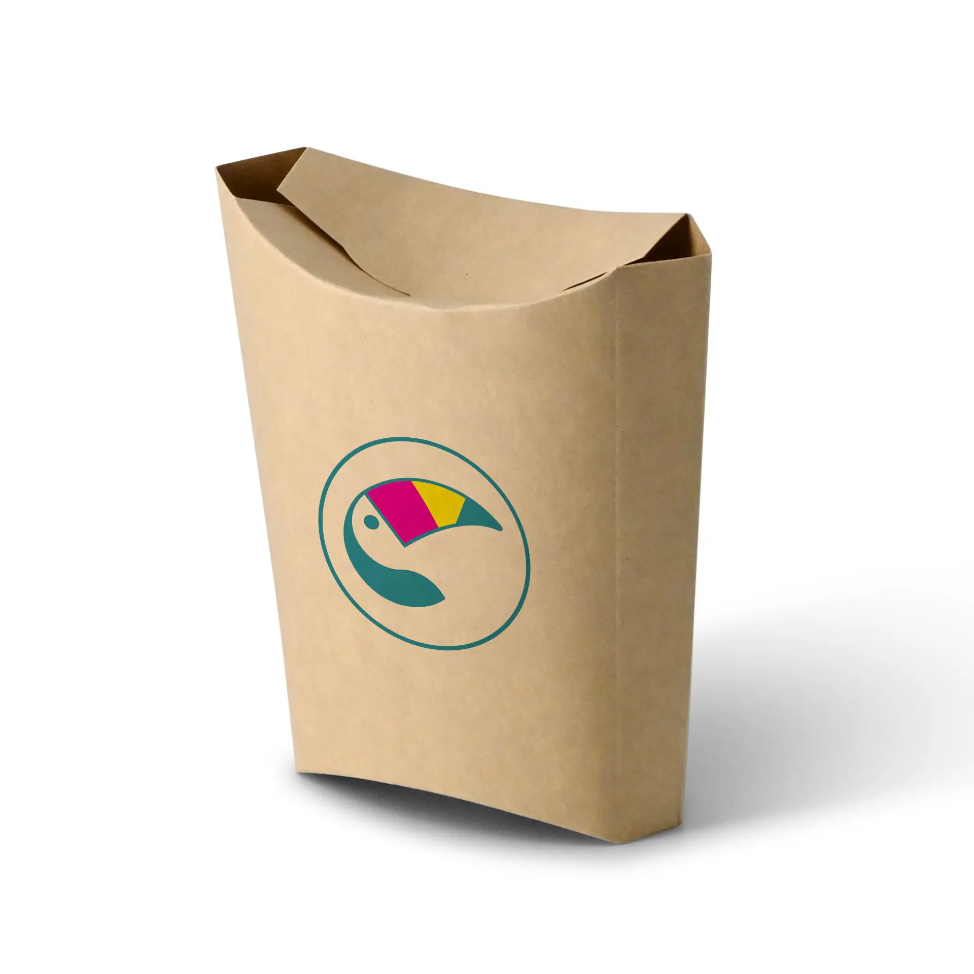 Boîte à chips en carton imprimée sur mesure avec un couvercle, arborant un design de logo coloré à l'avant.