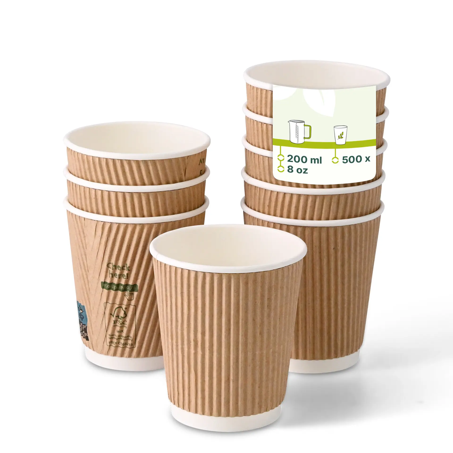 Tasses à café à rainures de huit onces pour boissons chaudes ; extérieur brun avec intérieur blanc ; empilables avec étiquette imprimée sur le côté.