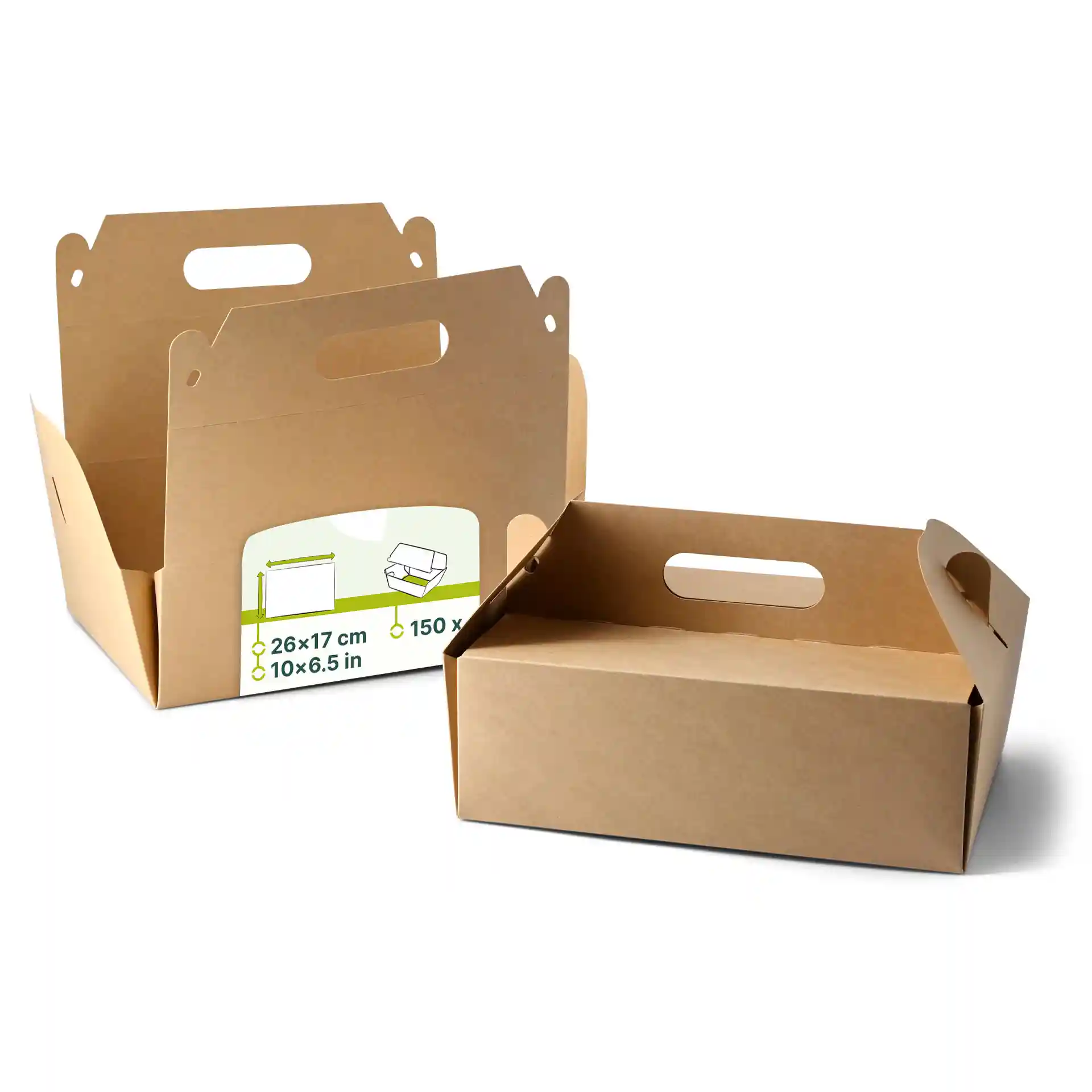 Boîtes à pâtisserie en carton brun avec poignées, forme rectangulaire, pliables, dimensions 26 x 17 x 9 cm.