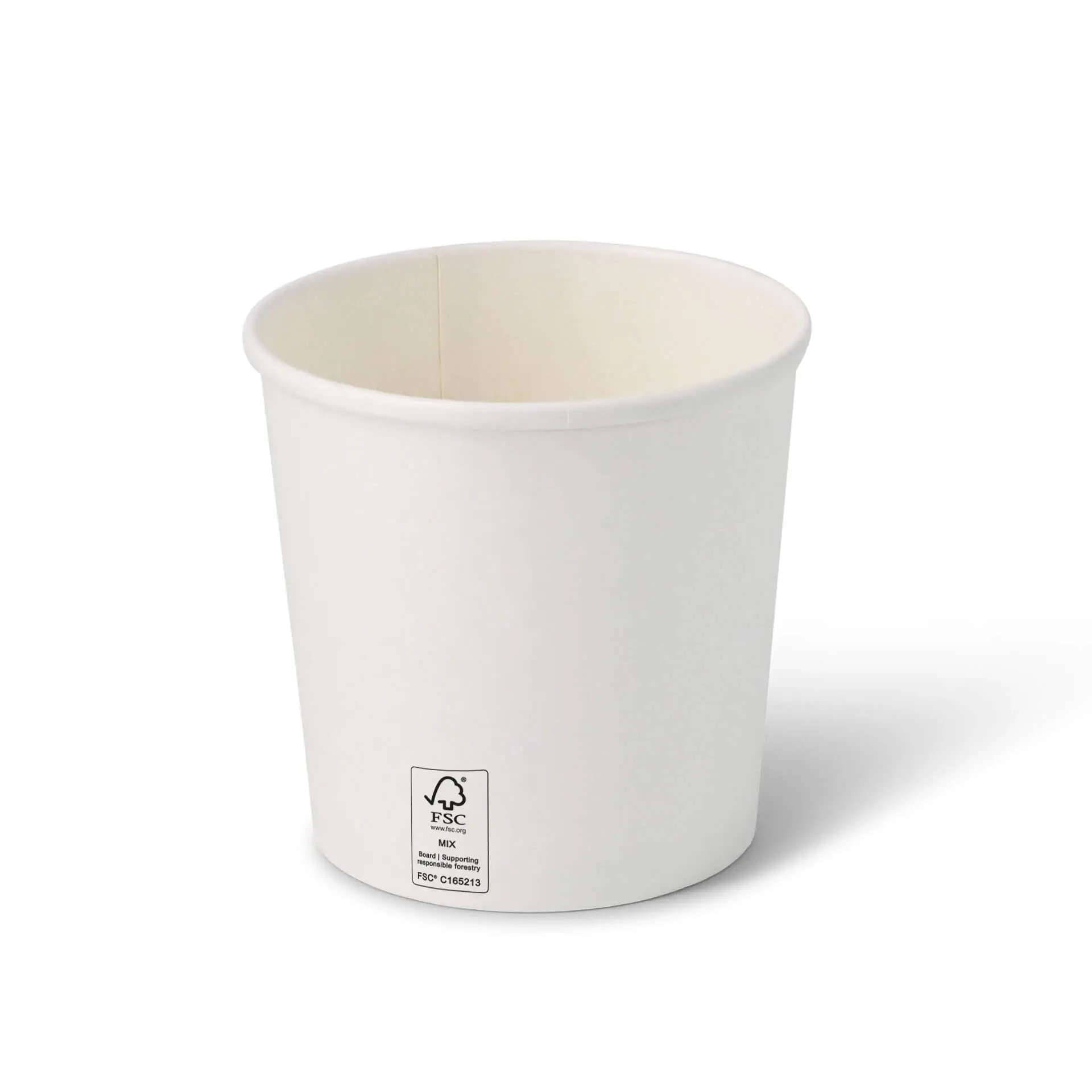 Conteneur à soupe à emporter en carton blanc, forme ronde, capacité de 24 oz, avec étiquette de certification FSC visible.