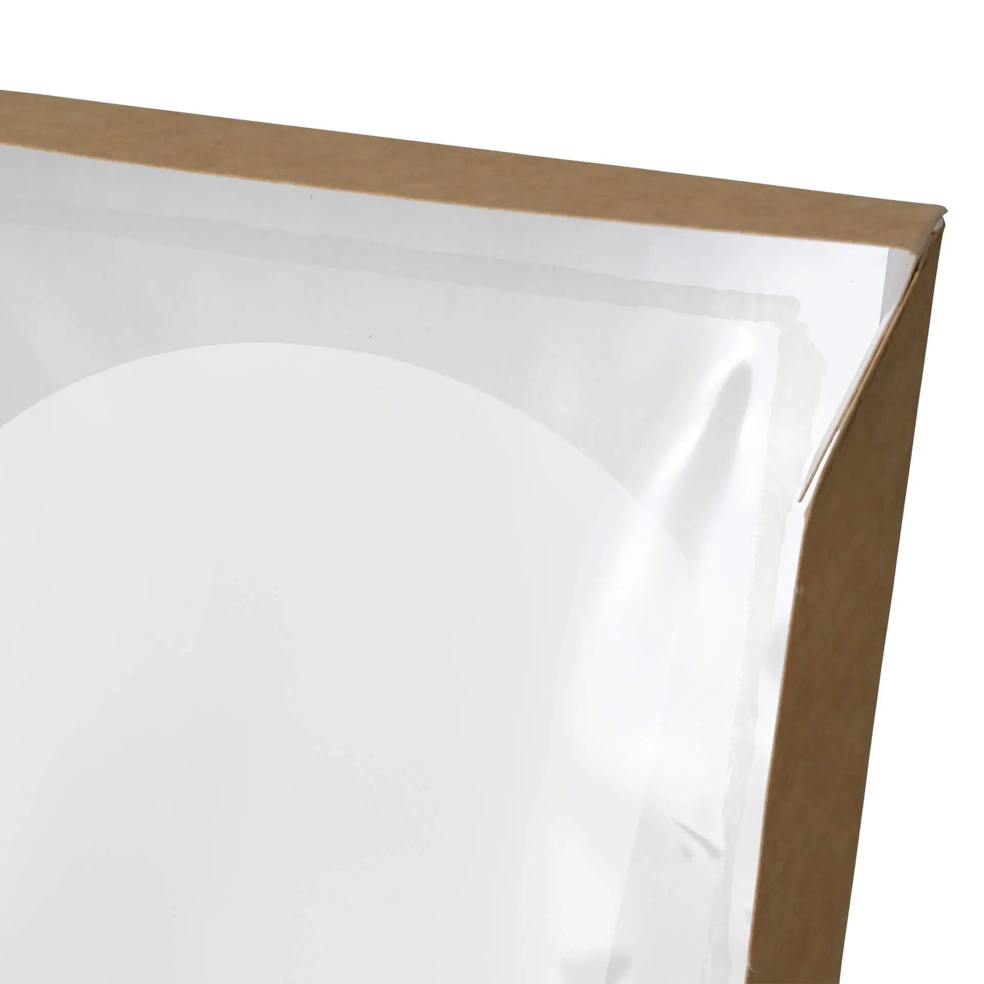 Boîte en carton avec fenêtre en cellulose, extérieur marron et intérieur blanc, mesurant 12 x 12 x 4 cm.