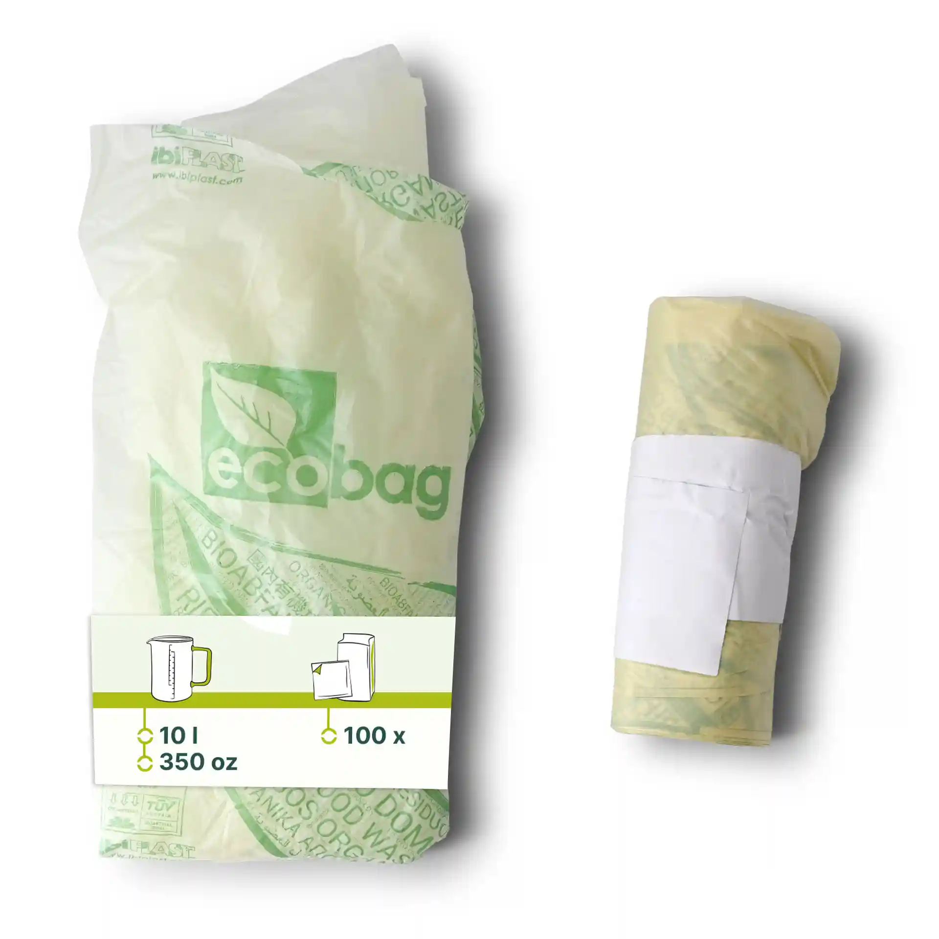 Sacs poubelle bio transparents, 42x42 cm, emballés avec une étiquette indiquant 10 litres et 100 sacs.