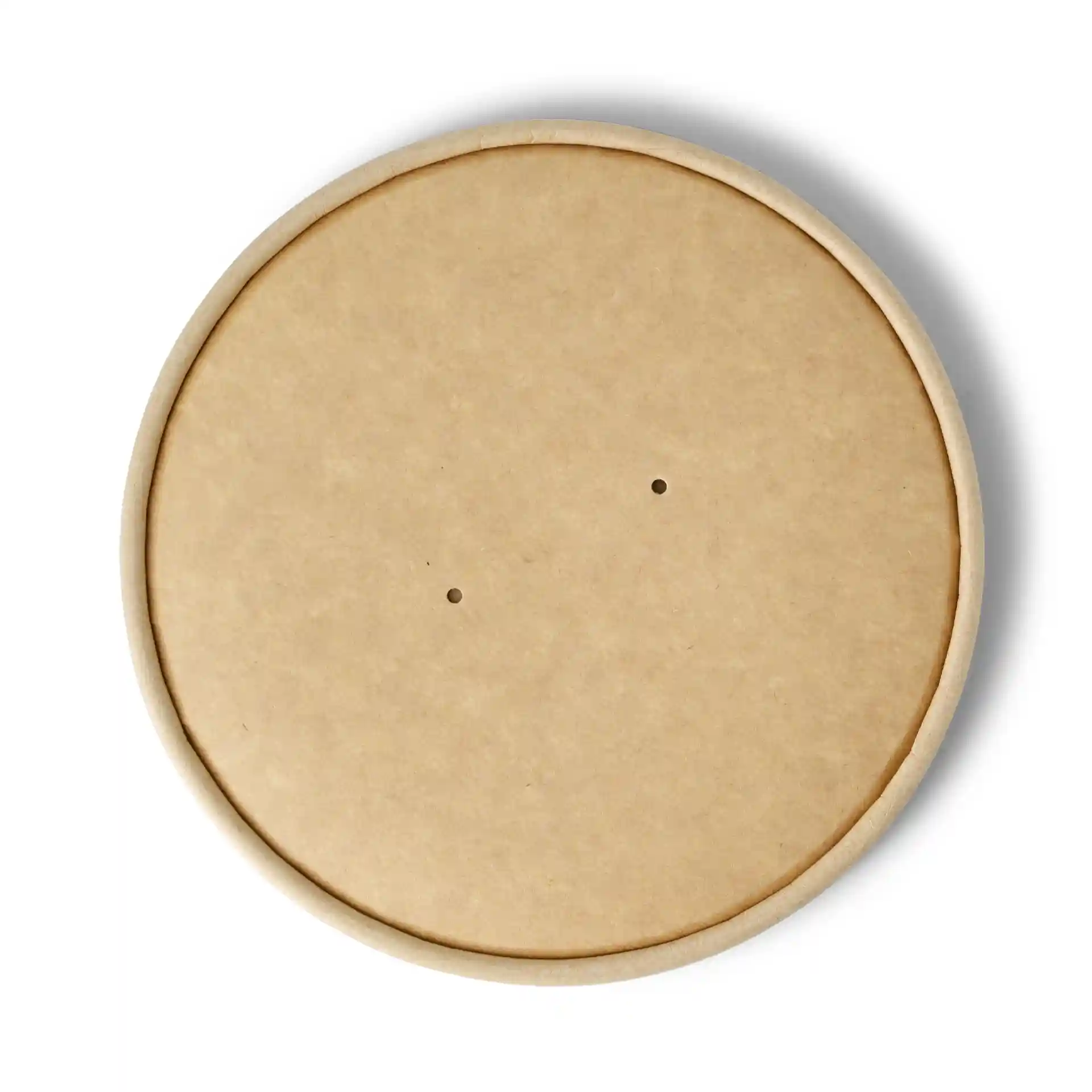 Couvercle rond en carton brun avec deux petits trous, mesurant 150 mm de diamètre et 17 mm de hauteur.