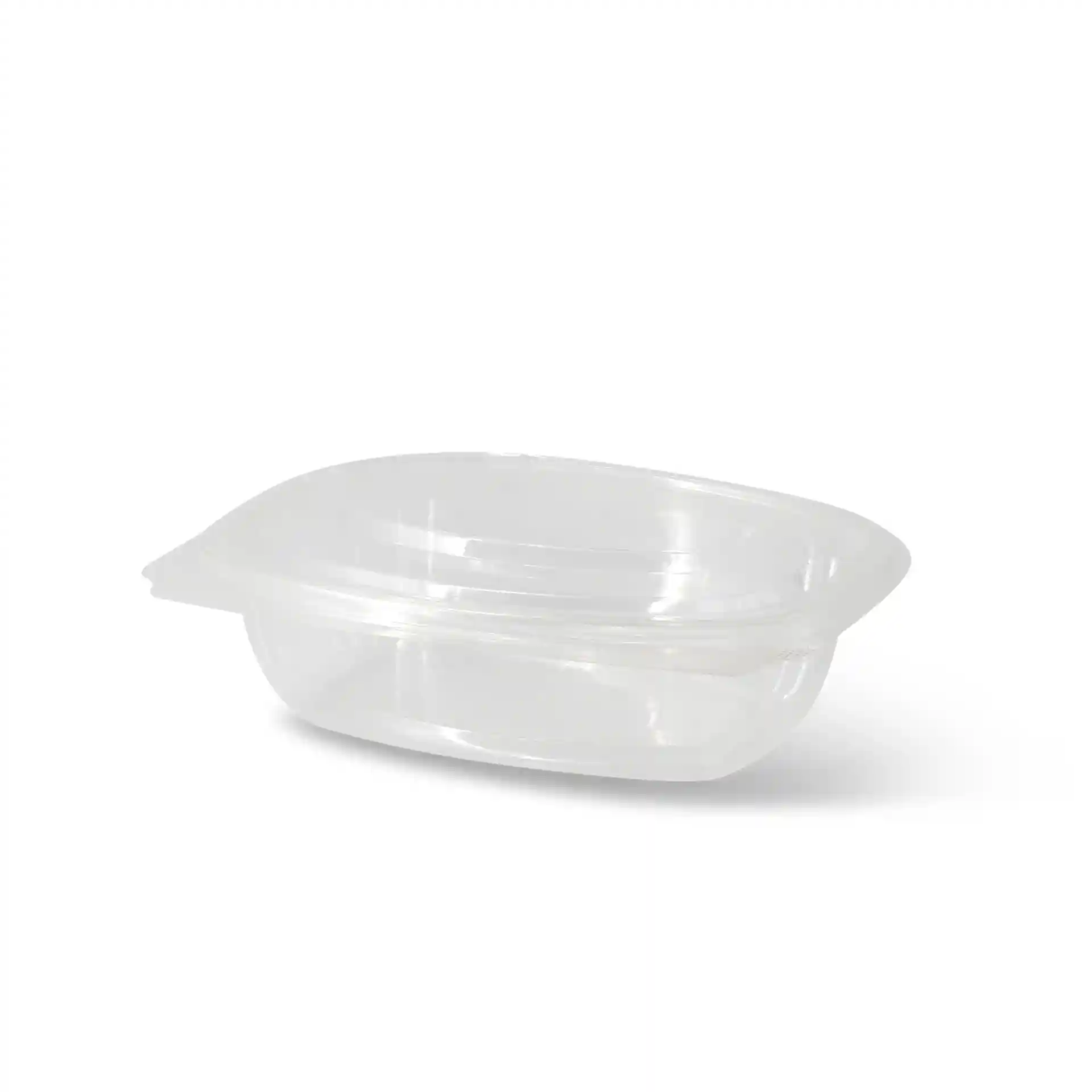Bol rectangulaire en PLA transparent avec un couvercle pliable, mesurant 159 mm de long et 130 mm de large.