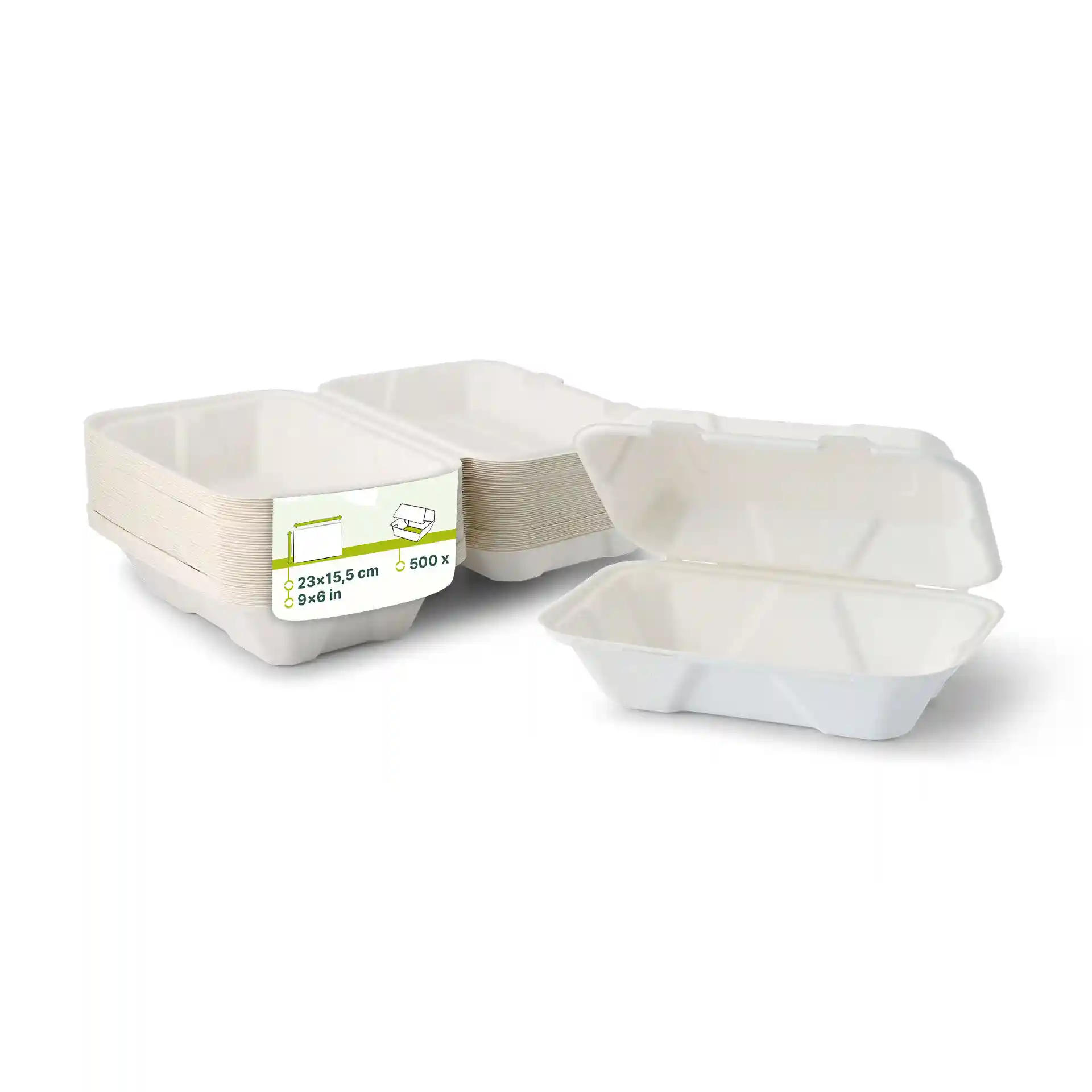 Conteneurs rectangulaires en canne à sucre blancs avec couvercles à charnière, mesurant 23 x 15,5 cm, empilés avec un ouvert.