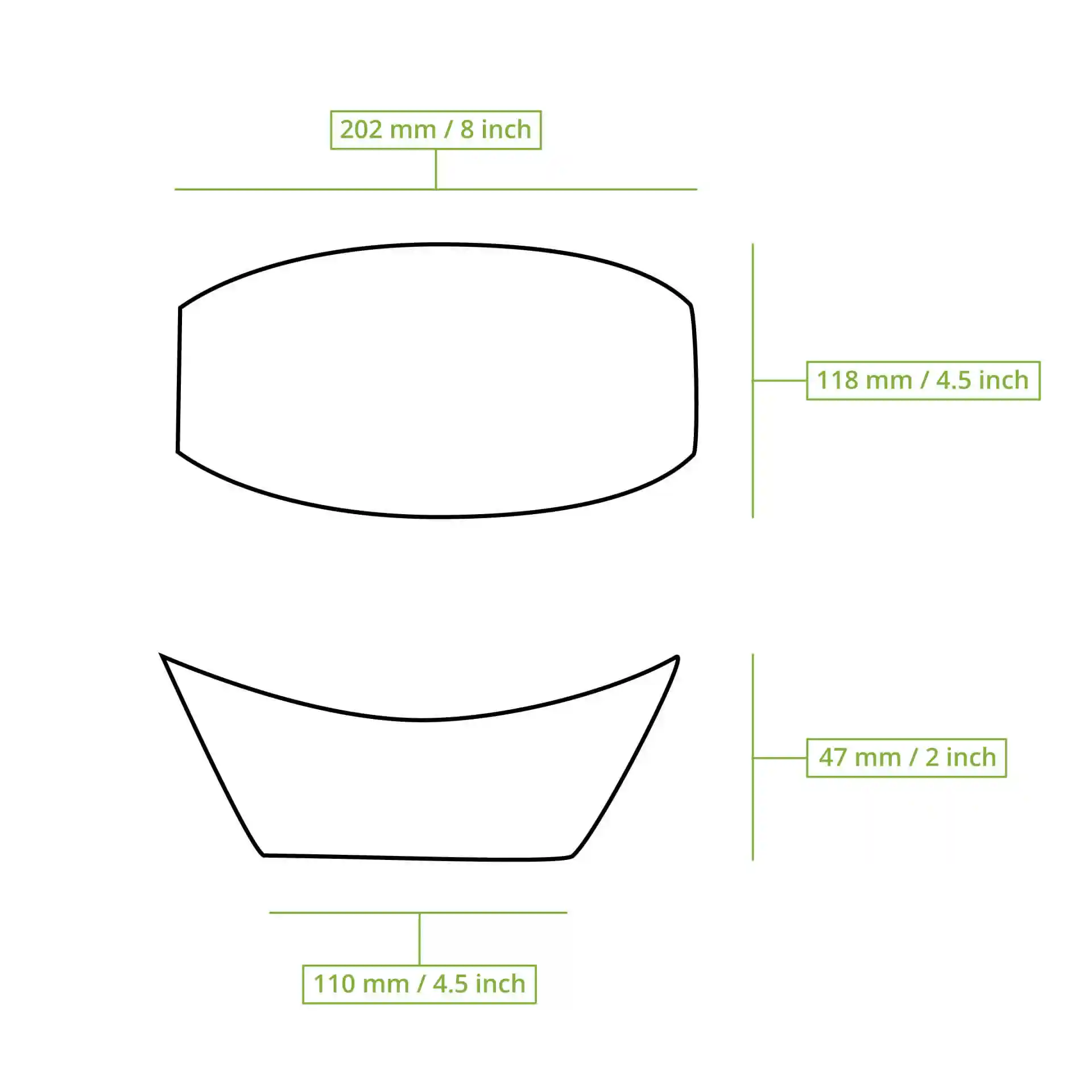 Dessin schématique d'un bateau en feuille de palmier avec dimensions : 202 mm de longueur, 118 mm de largeur et 47 mm de hauteur.