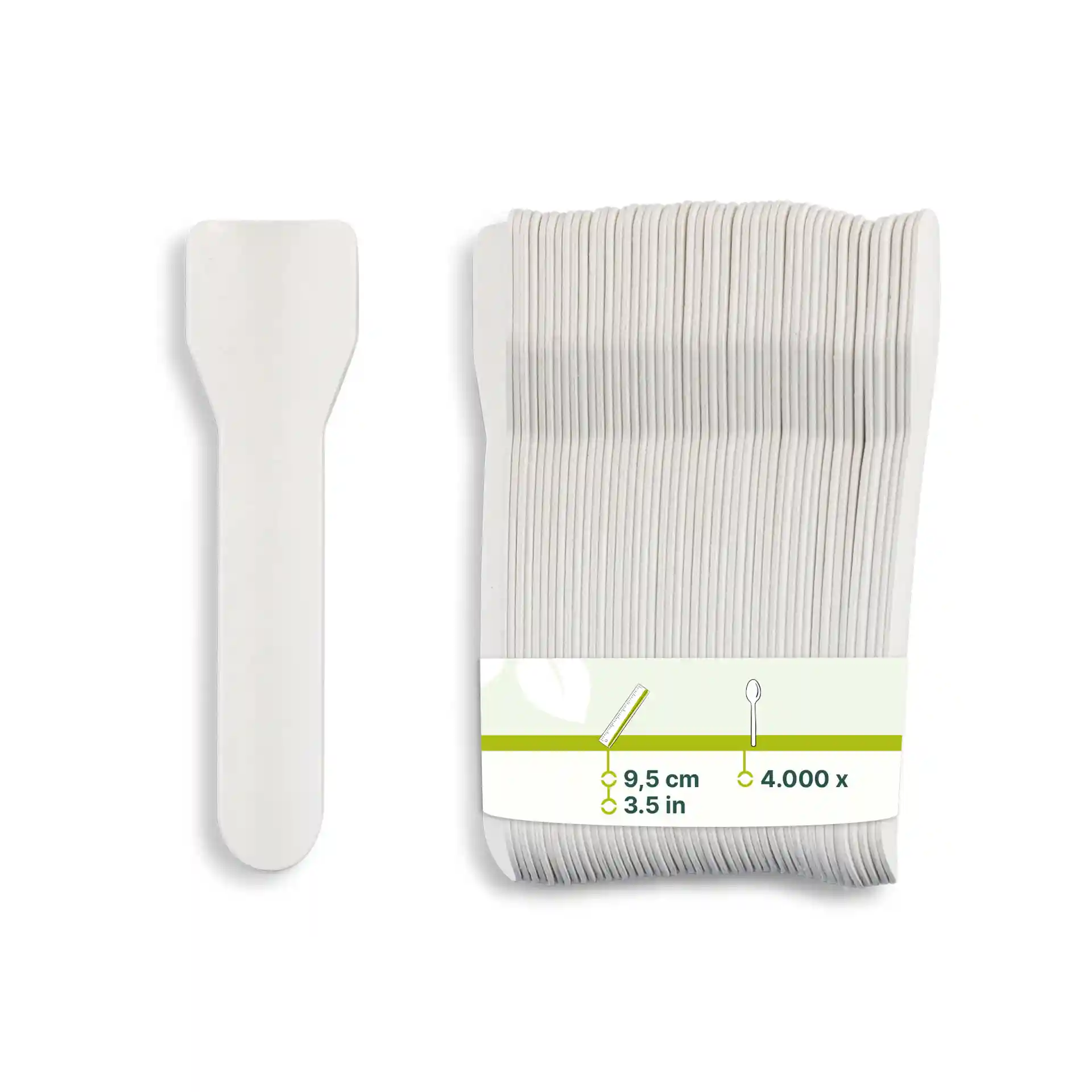 Cuillère en papier blanc pour glace, longue de 9,5 cm, avec un paquet de plusieurs cuillères visible sur l'image.