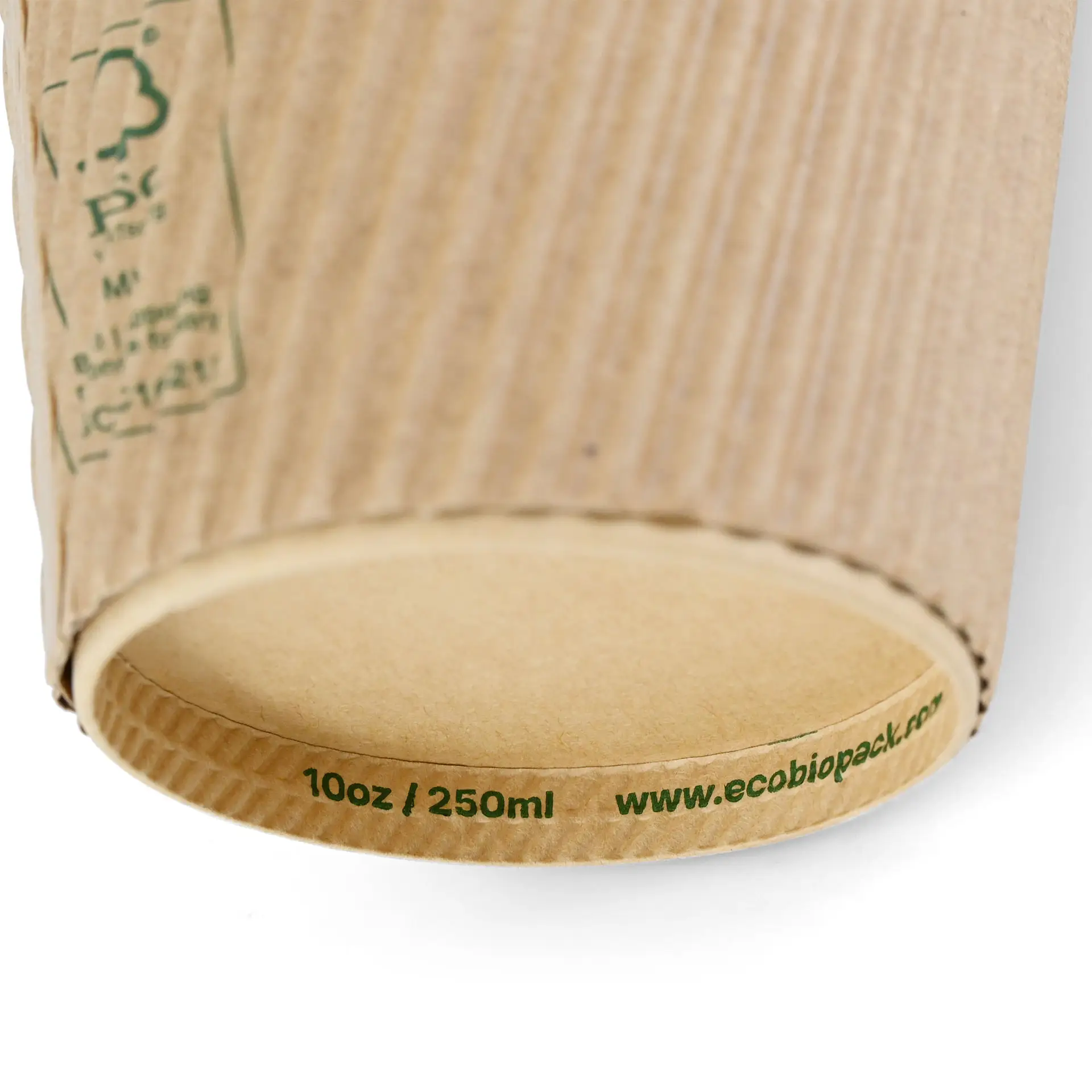 Gobelet en carton brun à triple paroi, revêtu de PLA, étiqueté pour une taille de 10 oz / 250 ml et site web éco-responsable.
