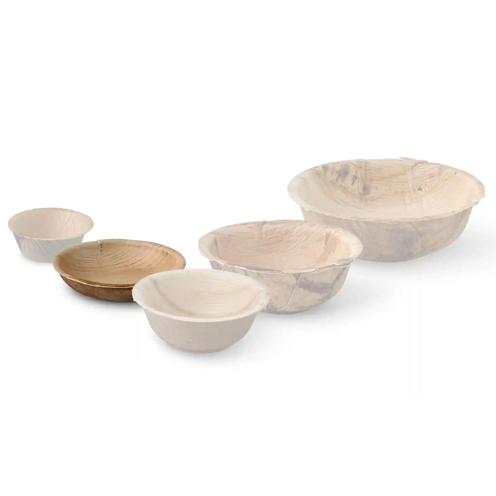 Ensemble de cinq bols ronds en feuilles de palmier de tailles variées, présentant des motifs de grain naturels.