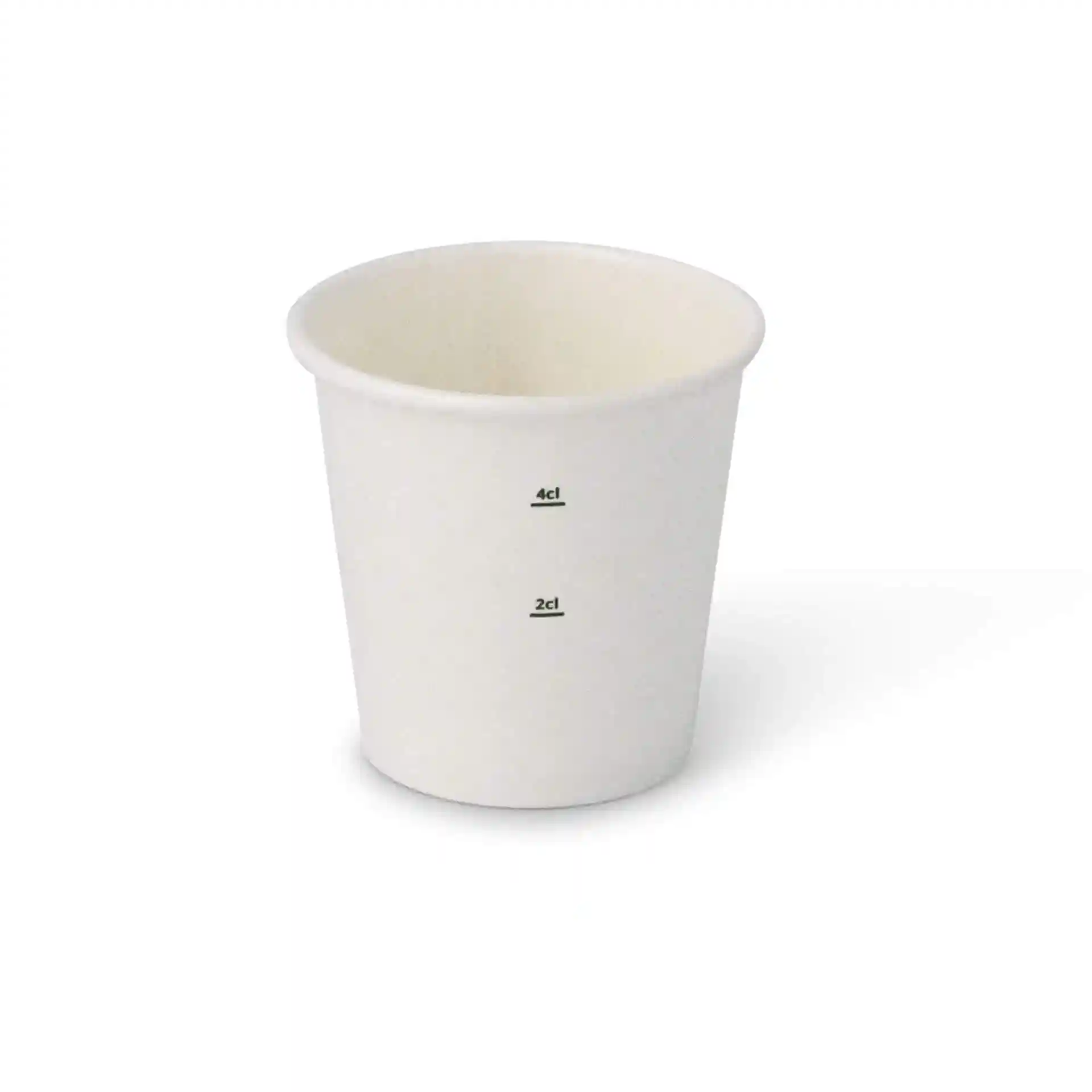 Gobelet en papier blanc avec des repères de mesure pour 2 cl et 4 cl, forme ronde.