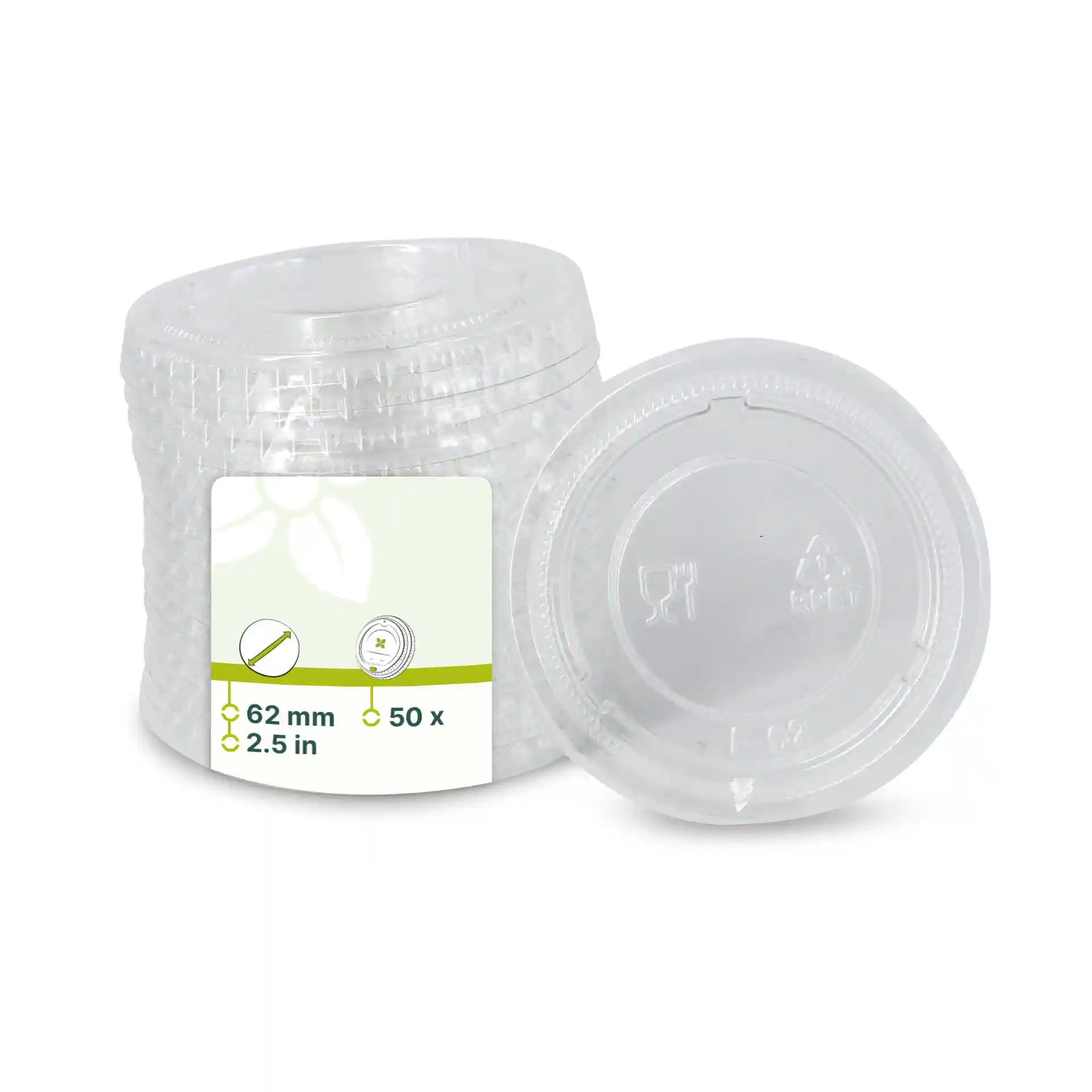 Couvercles rPET transparents d'un diamètre de 62 mm, empilés avec une étiquette indiquant les détails du produit.