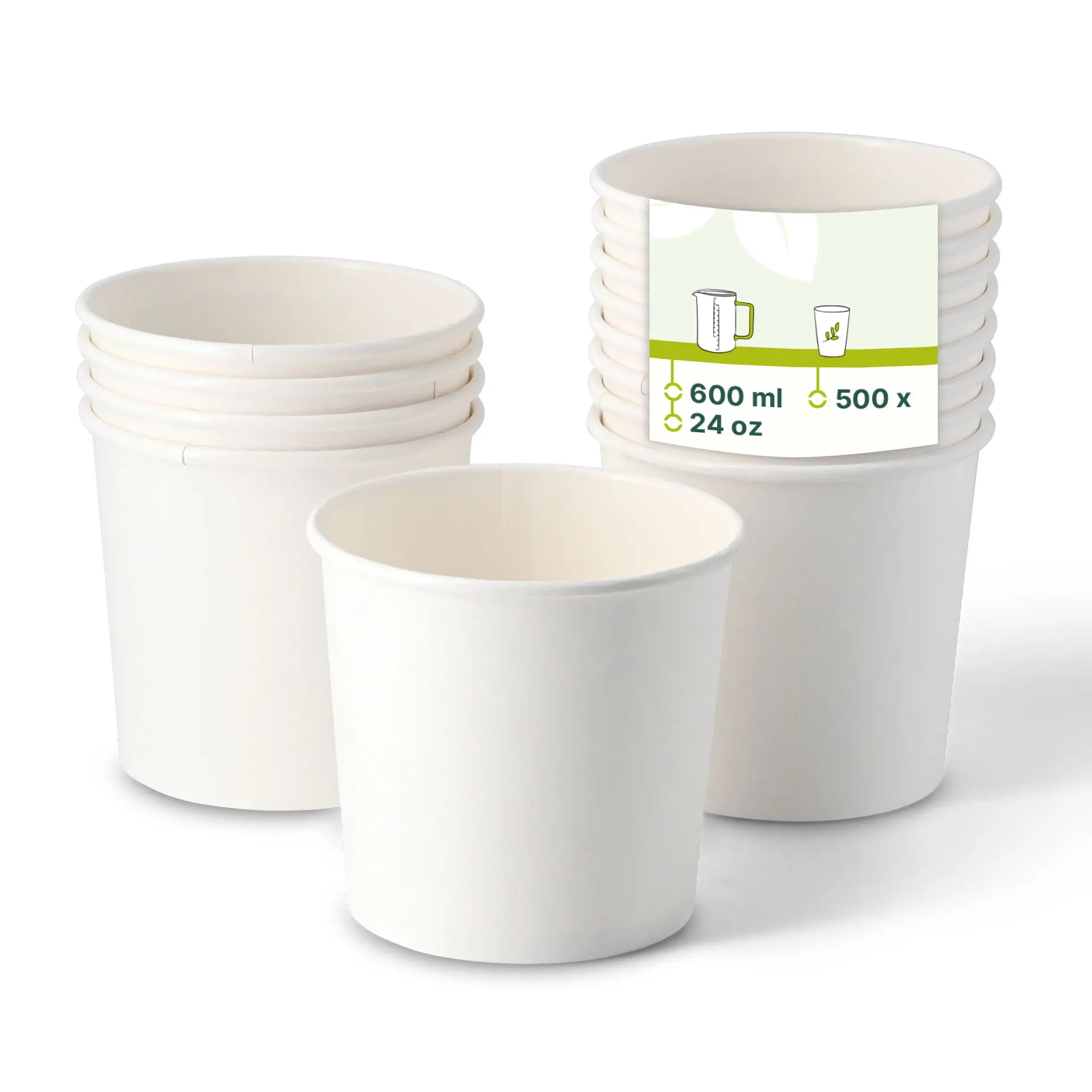 Une pile de tasses à soupe en carton biodégradables blanches avec un revêtement en PLA, chacune contenant 600 ml, présentée avec une étiquette.