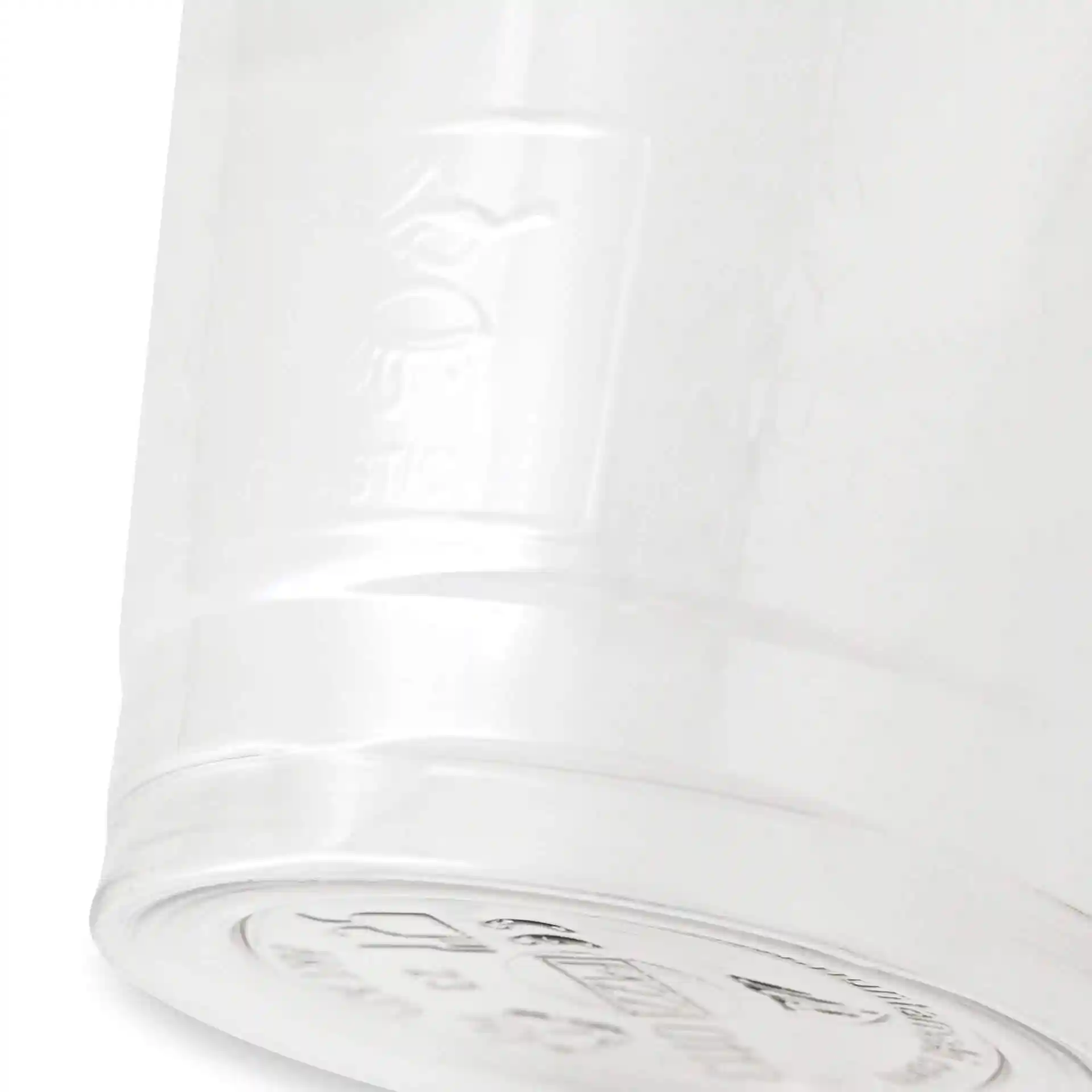 Gobelet rPET transparent de 12 oz avec un diamètre de 95 mm et une hauteur de 107 mm, montrant le fond et les détails latéraux.