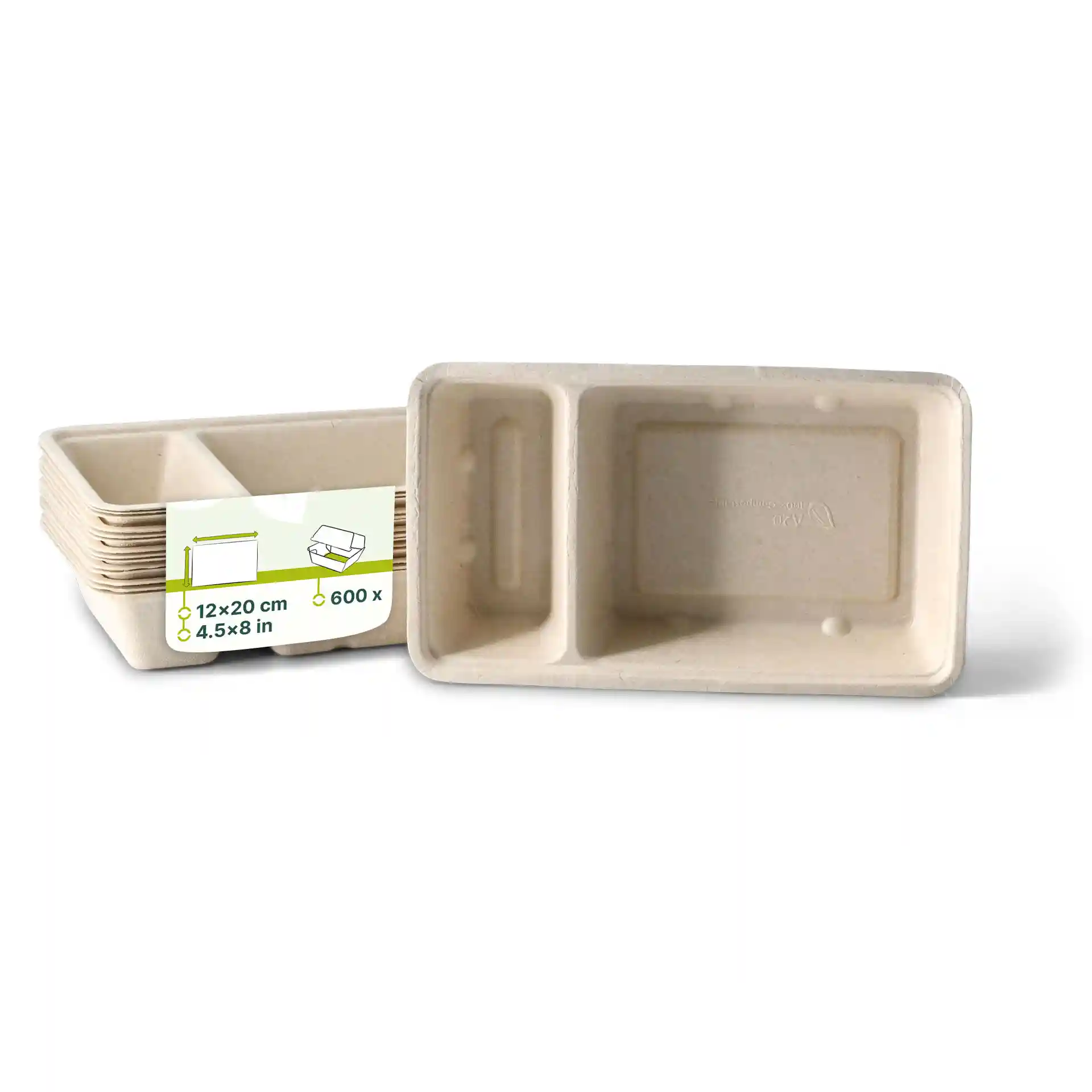 Plateau rectangulaire en bagasse crème blanc avec deux compartiments, mesurant 12 x 20 cm.