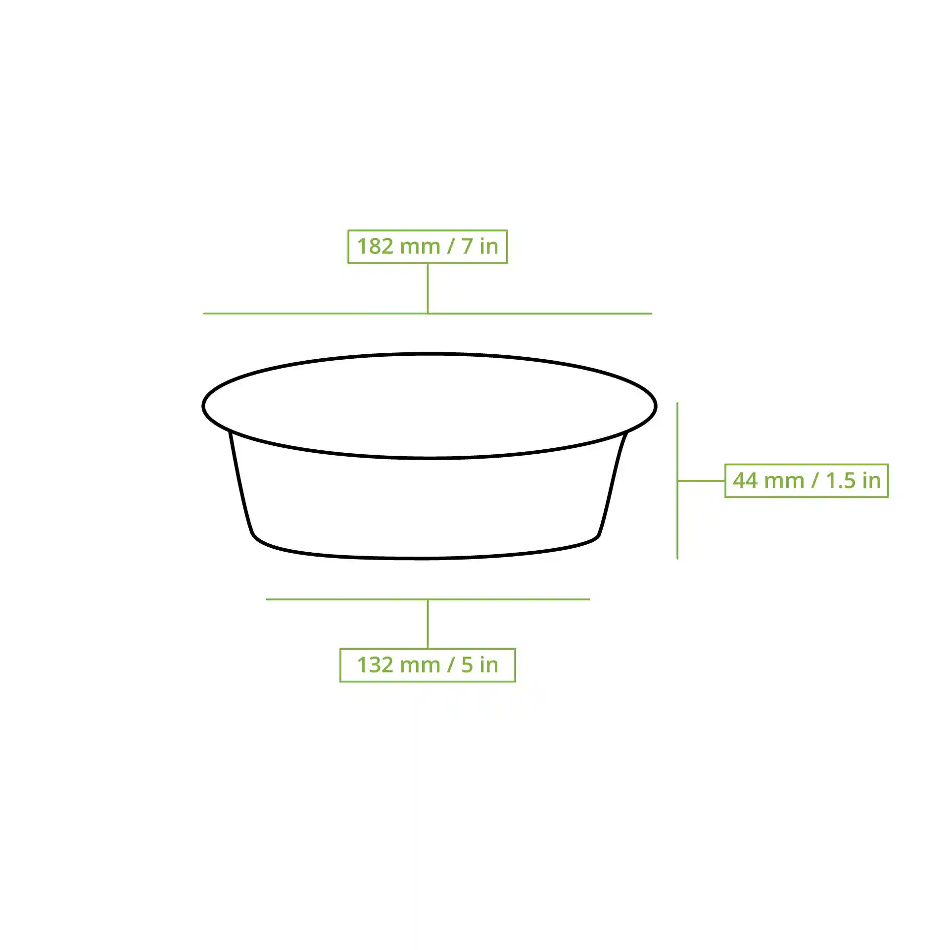 Dessin schématique d'une assiette ronde noire réutilisable avec des dimensions : 182 mm de diamètre, 132 mm de diamètre au fond, 44 mm de hauteur.