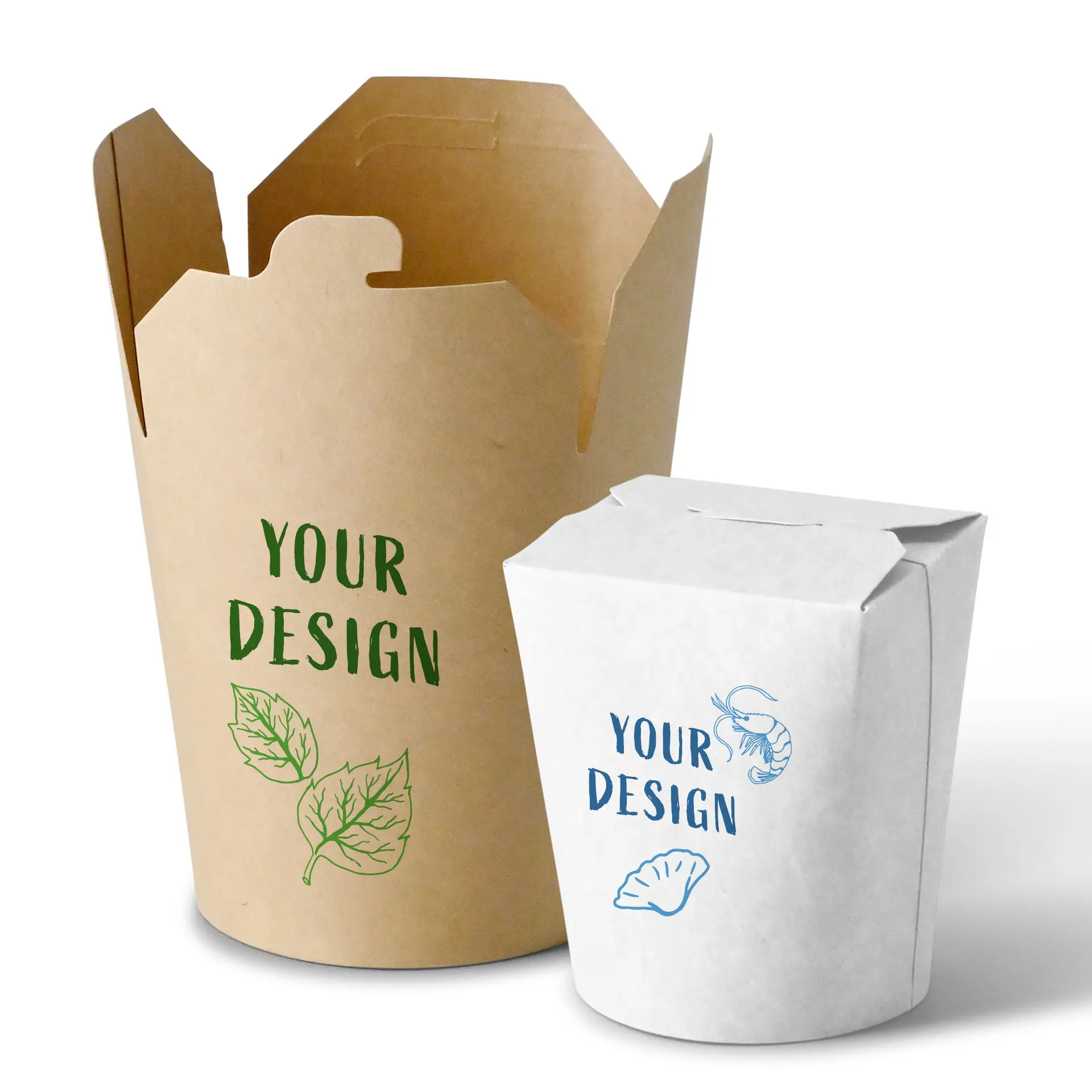 Boîtes à nouilles asiatiques personnalisées; une brune avec un design vert, une blanche avec un design bleu; adaptées pour plats chauds et froids.