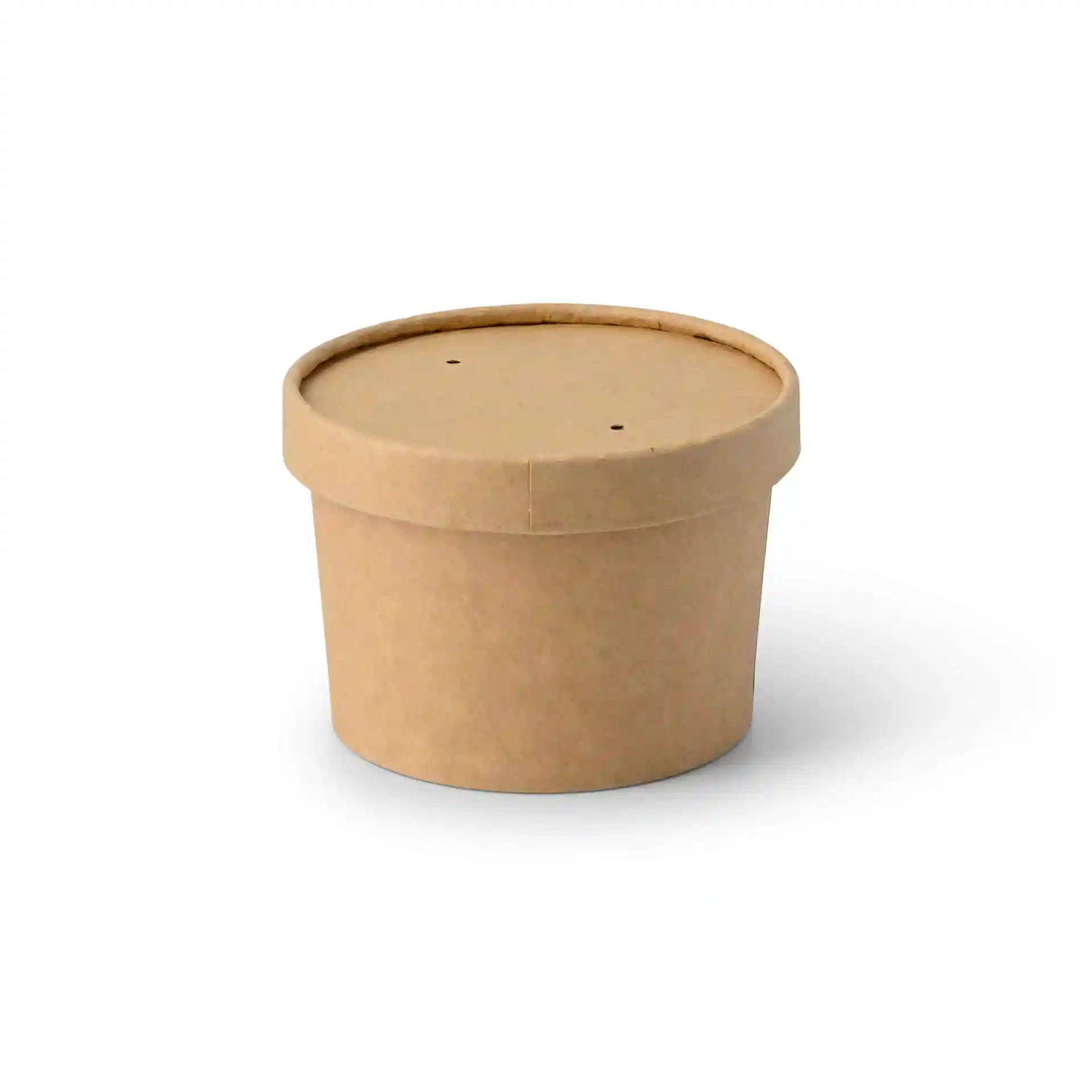 Gobelet en papier brun pour glace, forme ronde avec couvercle, mesurant 60 mm de hauteur et 92 mm de diamètre.