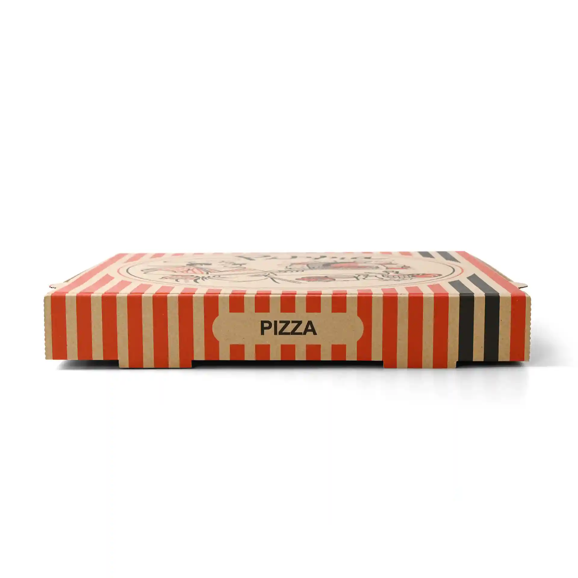 Boîte à pizza avec un design marron, présentant des rayures rouges et noires, étiquetée 'PIZZA', mesurant 30 x 30 x 4 cm.